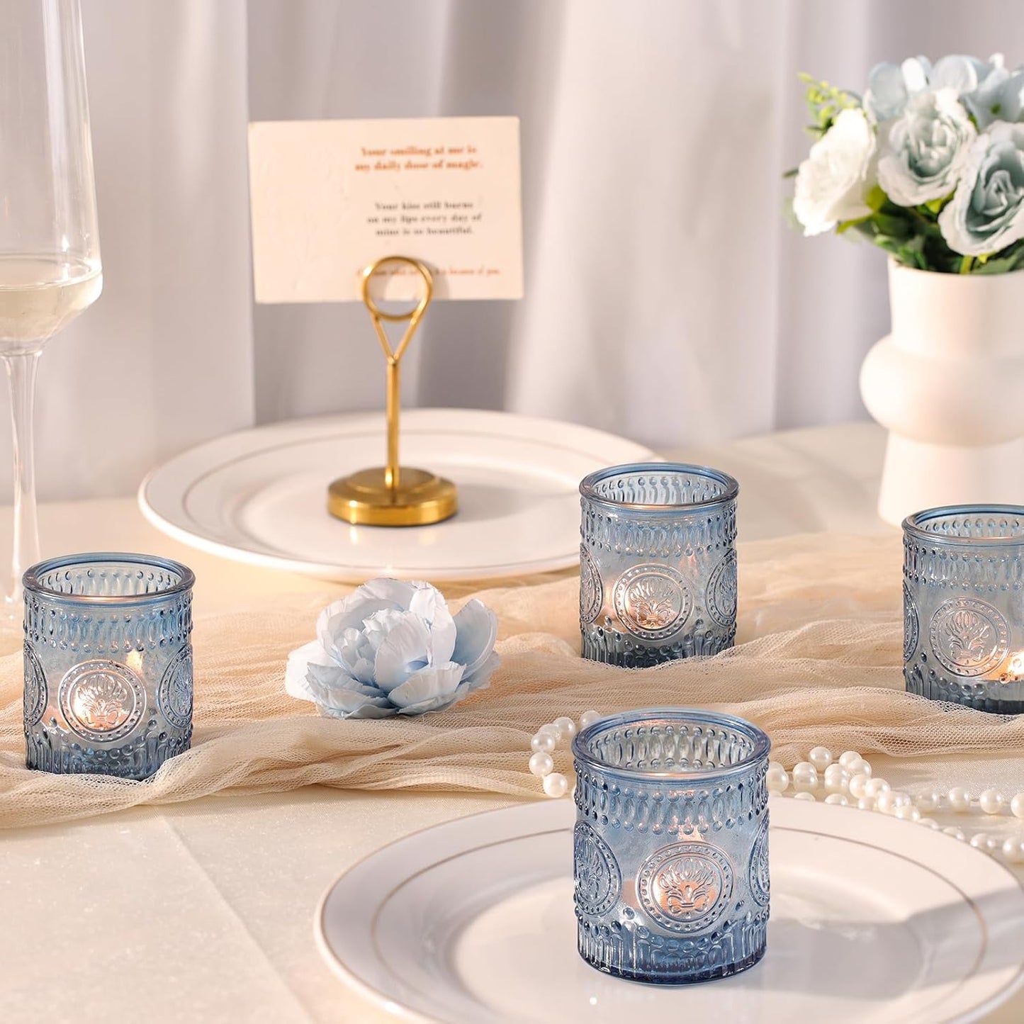 24 Pcs Blue Votive Candle Holders, Glass Tealight Candle Holders for Home Decor, Wedding Table Centerpiece, Birdal Shower, Party