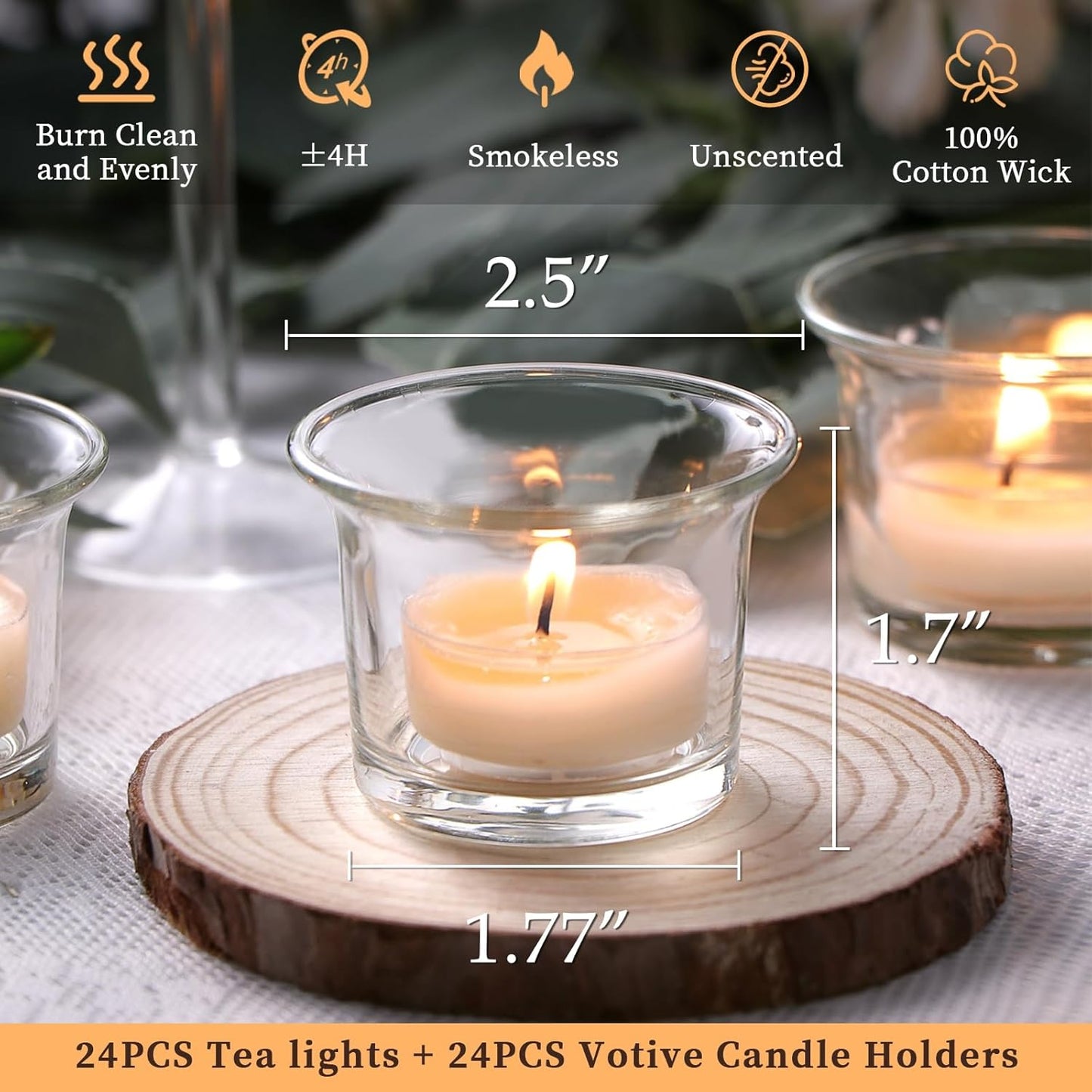 LETINE 24pcs Clear Tealight Candle Holder & 24pcs White, Smokeless, Unscented Soy Wax Tea Candles - Votive Candle Holders, Tea Lights Candles for for Fall Decorations,Weddings Decor