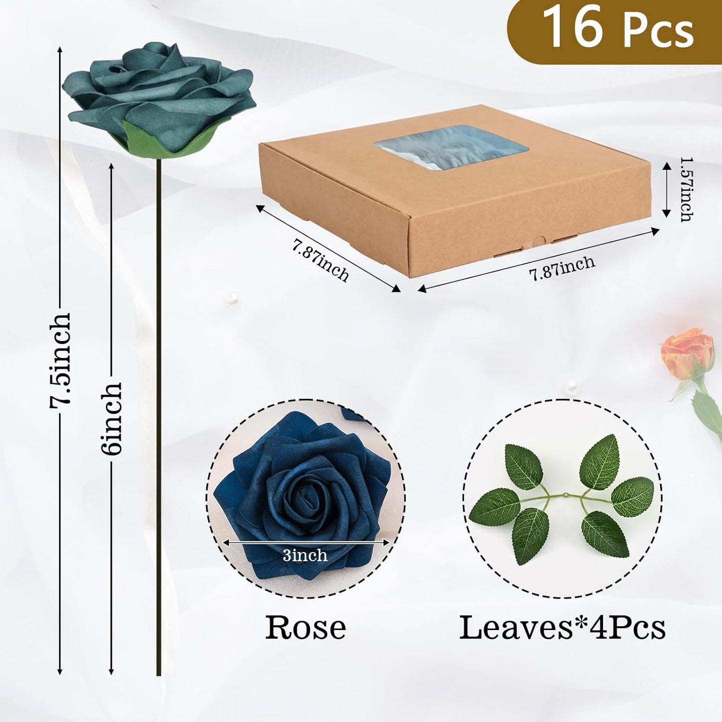 BLEUM CADE 16Pcs Artificial Flowers Fake Roses with Stems, Gradient Misty Blue Boxed Foam Roses for DIY Bouquets Centerpieces Wedding Party Arrangement Bridal Shower Decor