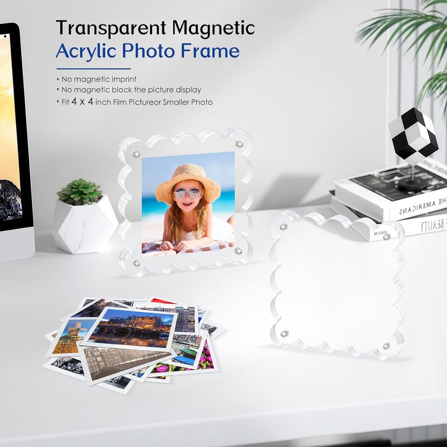 Acrylic Magnetic Picture Frames 4x4-6Pack Clear Freestanding Photo Frame.Double-Sided Scalloped Edges, 10+10mm Thick Block, for Modern Desktop Display &Perfect for Gifts (6 Pack, 4X4)
