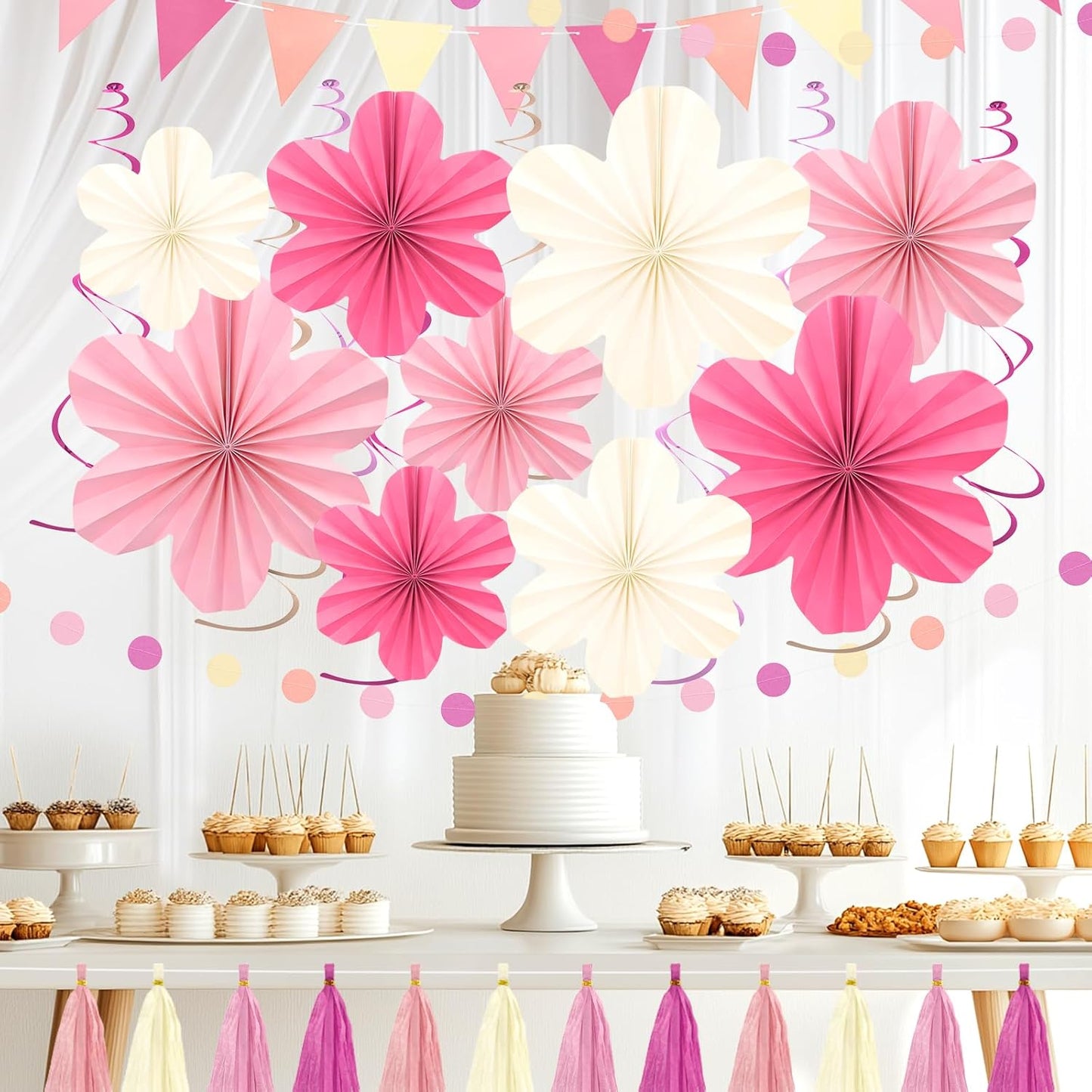 Pink and Yellow Party Decorations, Pink Birthday Decoration with Colorful Hanging Paper Flowers,Tassel Garland and Swirls for Women Girls, Baby Showers Bachelorette Party Supplies Classroom Decor