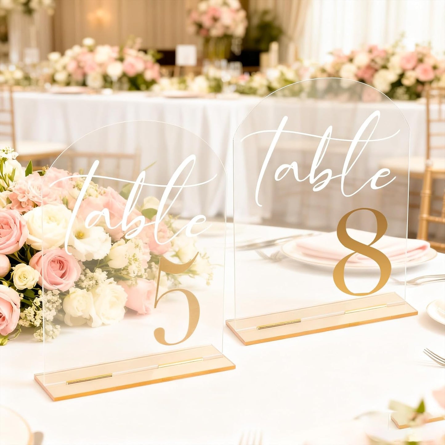 Wedding Table Numbers 1-20 with Stands, 5” x 7” Elegant Acrylic Display Signs with Golden Text, Great Table Numbers for Wedding Reception, Decoration, Centerpiece, Party, Anniversary and Event