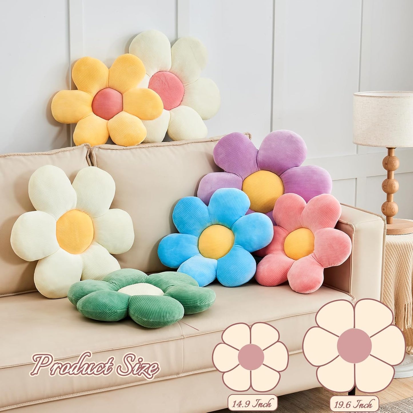 Blue Flower Pillow, 14.9" Cute Flower Shaped Floor Pillow, Aesthetic Floral Plush Daisy Decorative Throw Pillows for Bed Sofa Couch