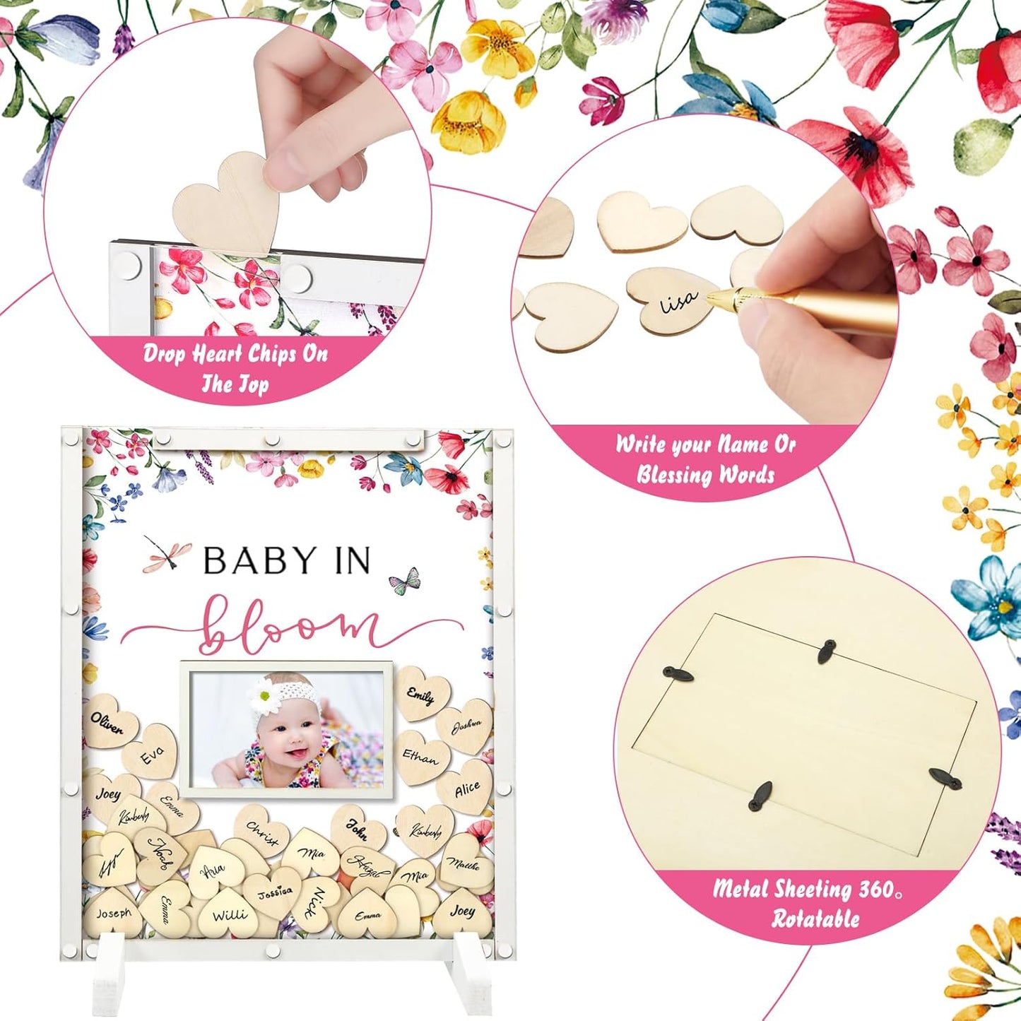 65 Pcs Wildflower Baby Shower Guest Book Alternatives He or She Gender Reveal Baby Shower Decorations Sign in Guest Book with Picture Frame and 60 Wooden Chip