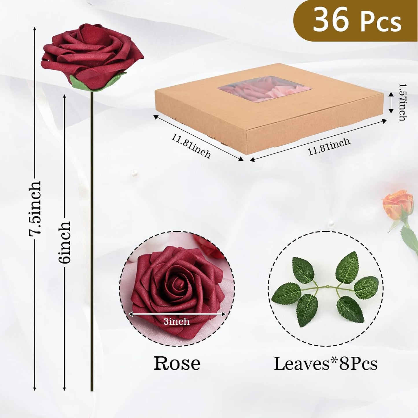 BLEUM CADE 36Pcs Artificial Flowers Fake Roses with Stems, Gradient Burgundy Boxed Foam Roses for DIY Bouquets Centerpieces Wedding Party Arrangement Bridal Shower Decor