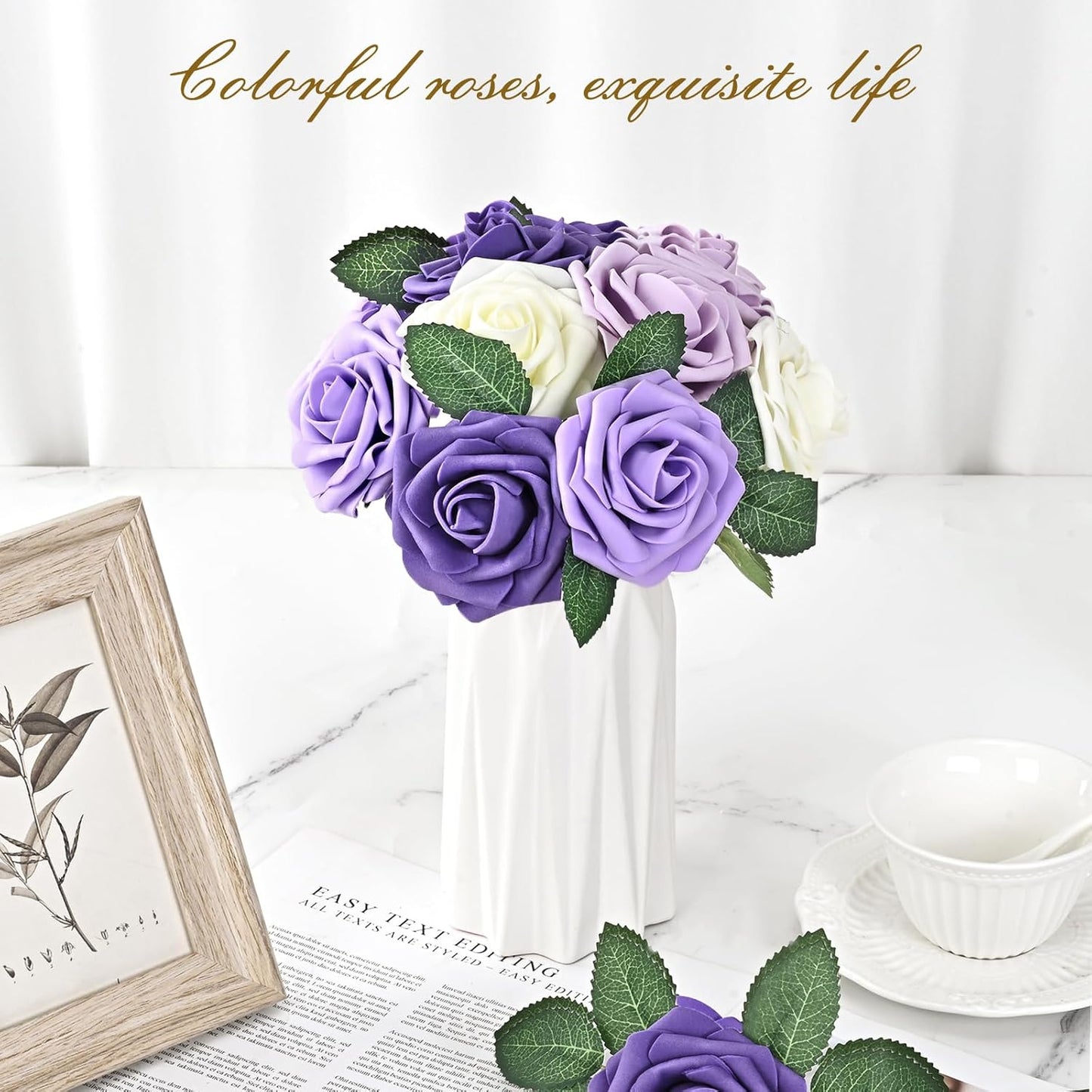 BLEUM CADE 36Pcs Artificial Flowers Fake Roses with Stems, Gradient Purple Boxed Foam Roses for DIY Bouquets Centerpieces Wedding Party Arrangement Bridal Shower Decor