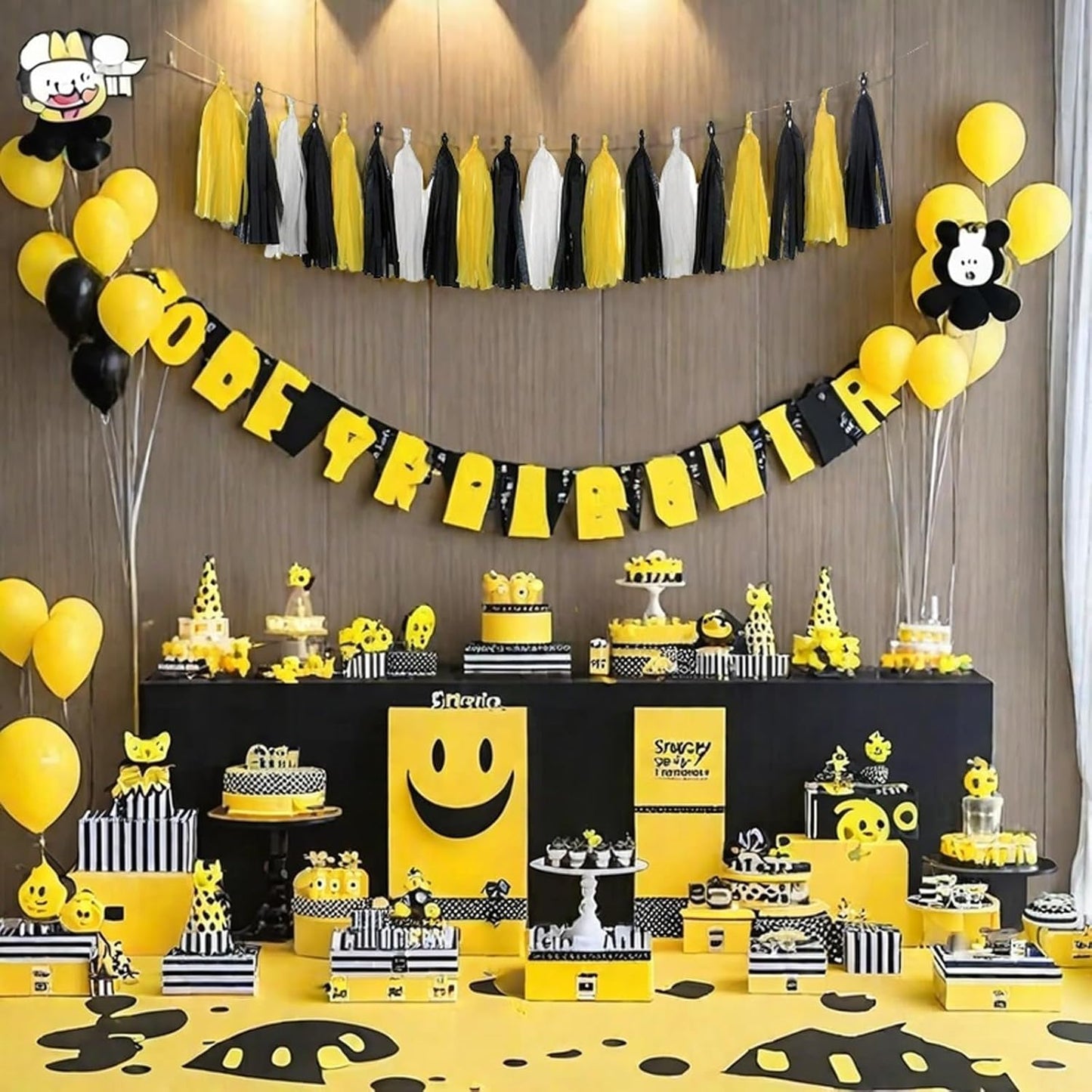 Yellow White and Black Tassel Garland Banner Paper Tassels for Party Decorations,Pack of 15