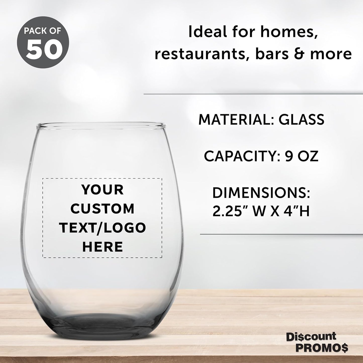 Custom Stemless Wine Glass 9 oz. Set of 50, Personalized Bulk Pack - Great for Wedding Favors, Bachelorette Party Decorations, Party Favors, Color Bottom - Black