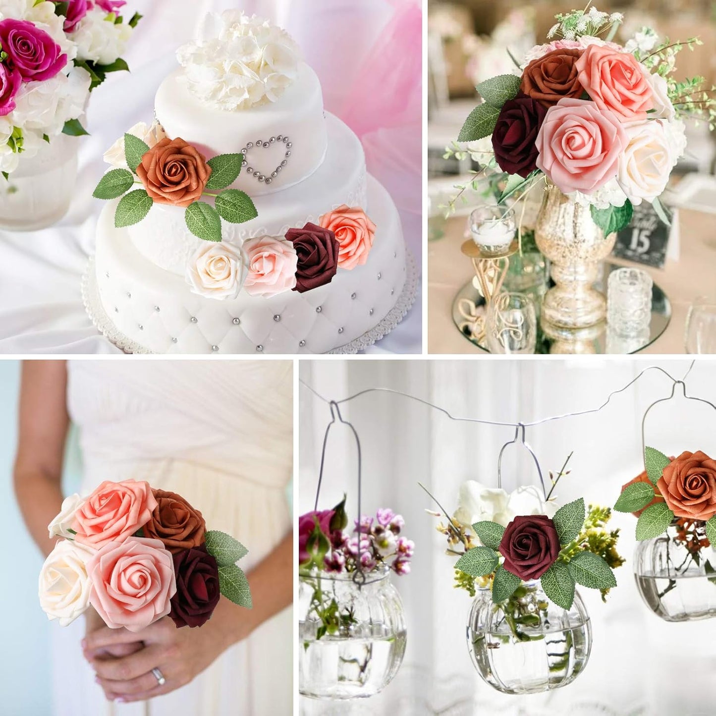 AmyHomie Artificial Flower Shades of Burgundy Rose 25pcs Real Looking Fake Roses w/Stem for DIY Wedding Bouquets Centerpieces Arrangements Party Baby Shower Home Decorations