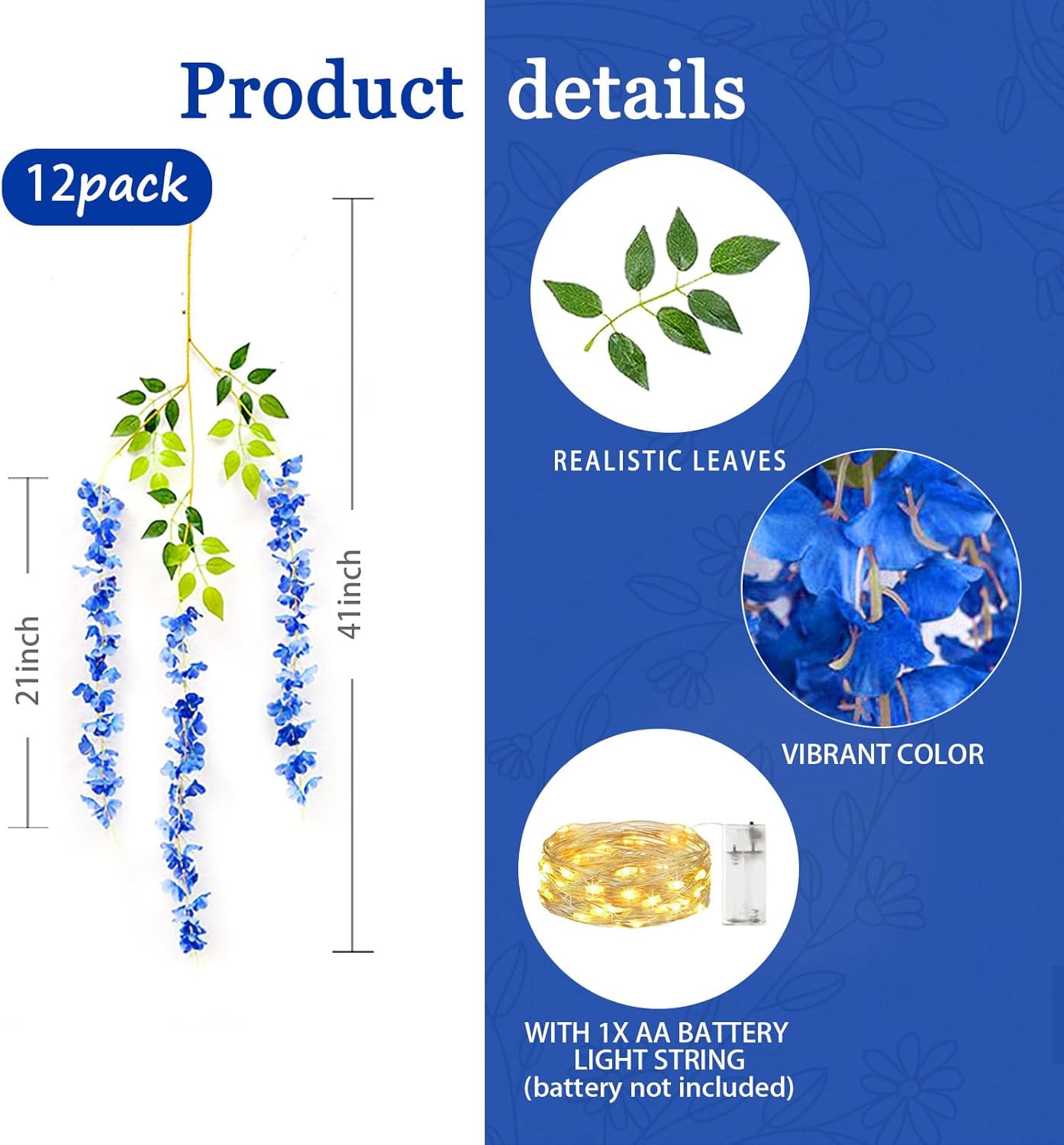 12 Pack Royal Blue Wisteria Hanging Flowers Garland with Lights, 3.44 Feet Artificial Flower Vines, Fake Wisteria, Artificial Vines Hanging Garland for Backdrop Outdoor Patio Garden Decor