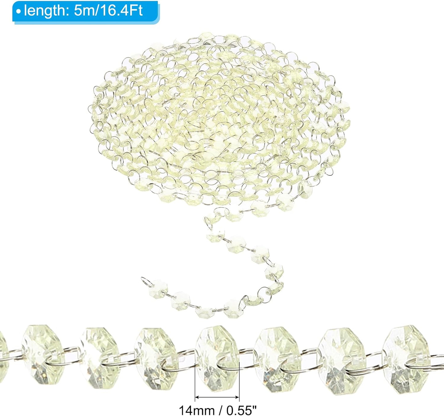 PATIKIL 14 mm Crystal Garland Strands, 16.4 Ft Acrylic Octagon Chandelier Bead Chains String for DIY Craft Wedding Party Home Decorative Jewelry Making, Champagne