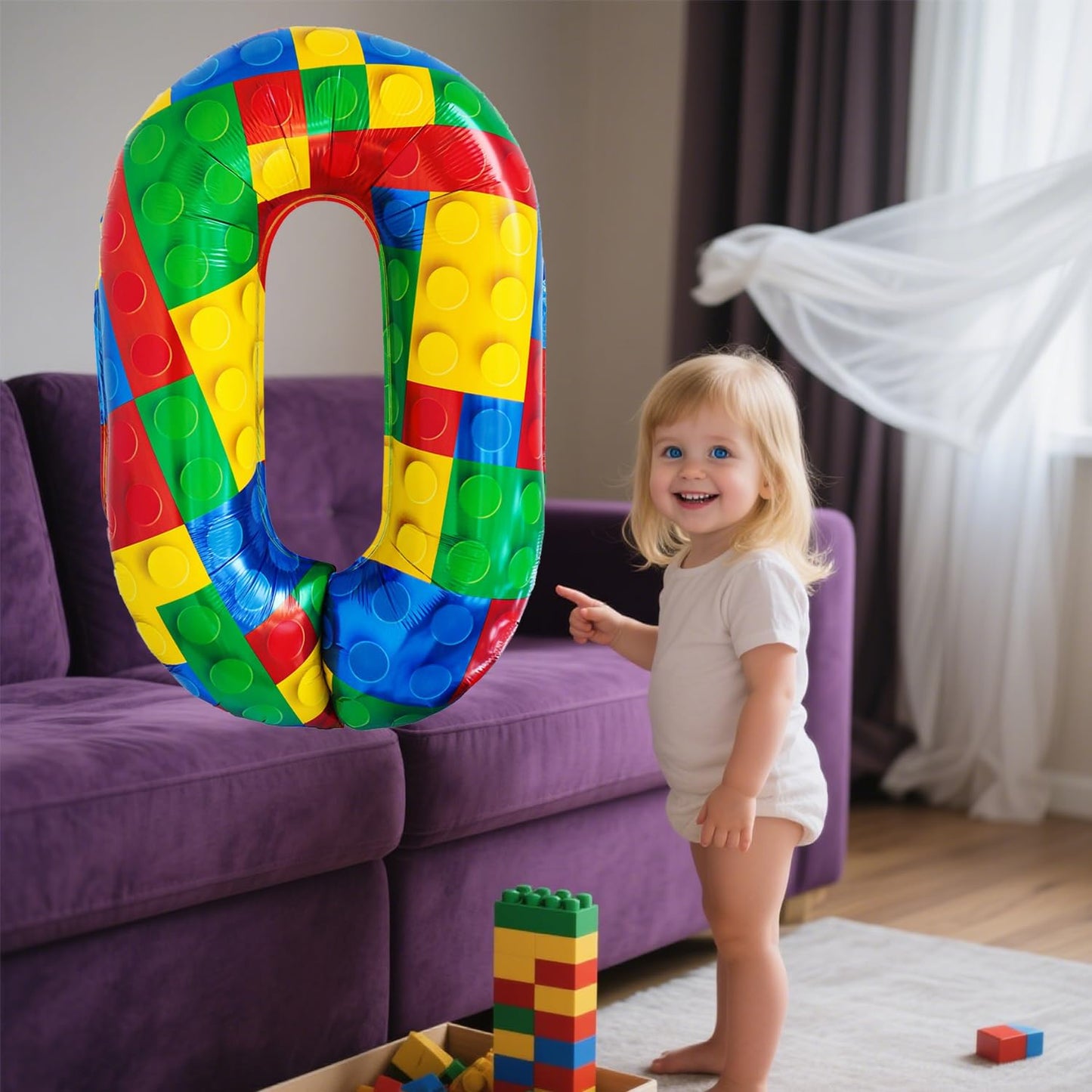 32 Inch Stackable Block Number Balloon – Colorful Brick Building Themed Big Helium Digits for Kids Birthday Party Decorations (Building Block, Number 0)