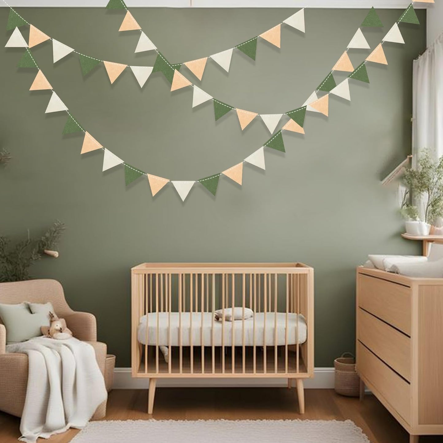 Sage Green Party Decorations Olive Green Tan Brown Cream Felt Hanging Triangle Mini Bunting Pennant Banner Flag for Safari Jungle Birthday Wedding Neutral Baby Shower Party Classroom Nursery Decor