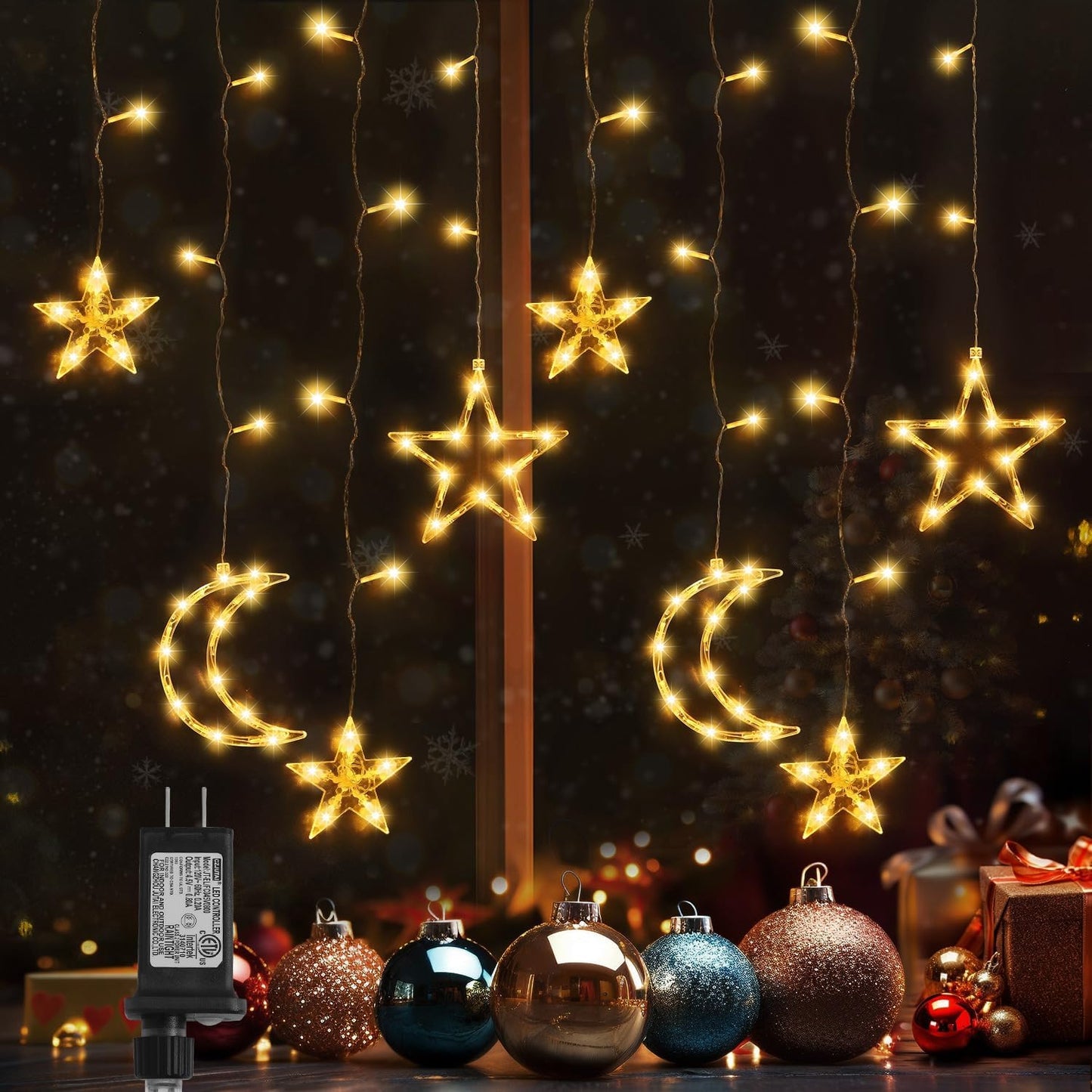 PUHONG Christmas Lights, 11.48FT Curtain String Lights with 8 Light Modes, Star Moon Indoor Outdoor Fairytale String Lights for Bedroom, Window, Wall, Home, Ramadan, Christmas Decoration - Warm White