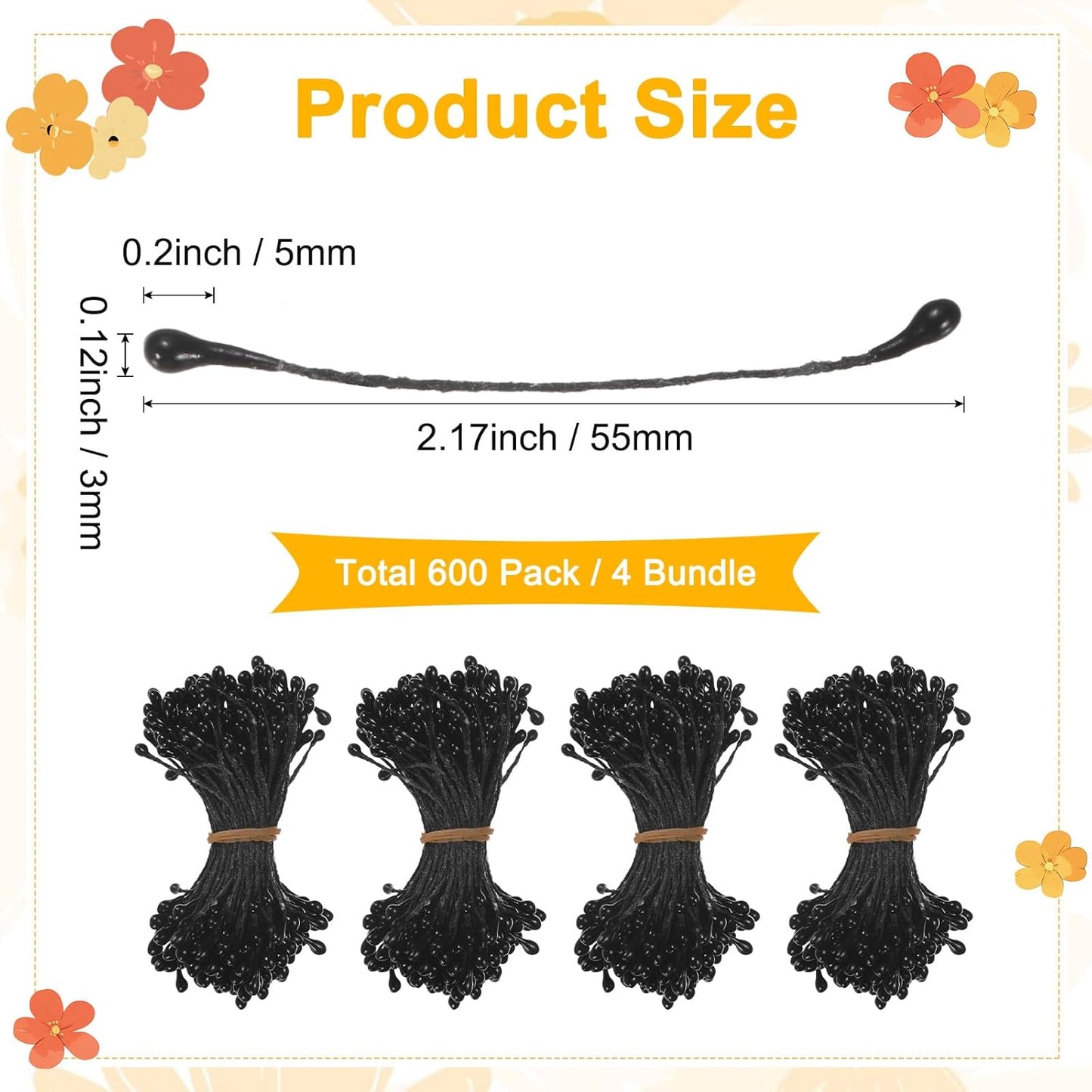 600-Pack Flower Stamens for Crafts, 5mm Double Heads Artificial Pearl Floral Pistil Mini Flower Pollens Stamens for DIY Making/Wedding/Scrapbook Decoration [Black]