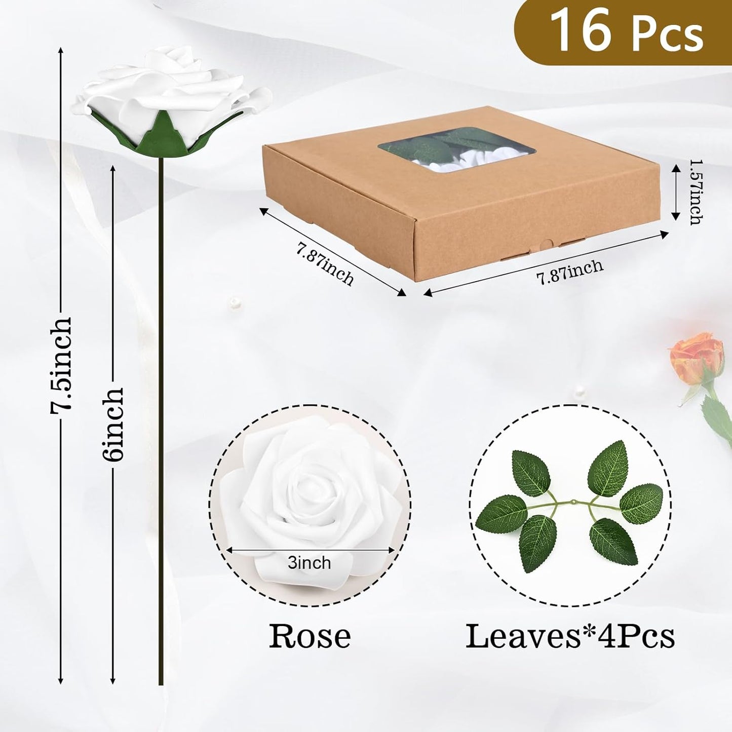BLEUM CADE 16Pcs Artificial Flowers Fake Roses with Stems, White Boxed Foam Roses for DIY Bouquets Centerpieces Wedding Party Arrangement Bridal Shower Decor