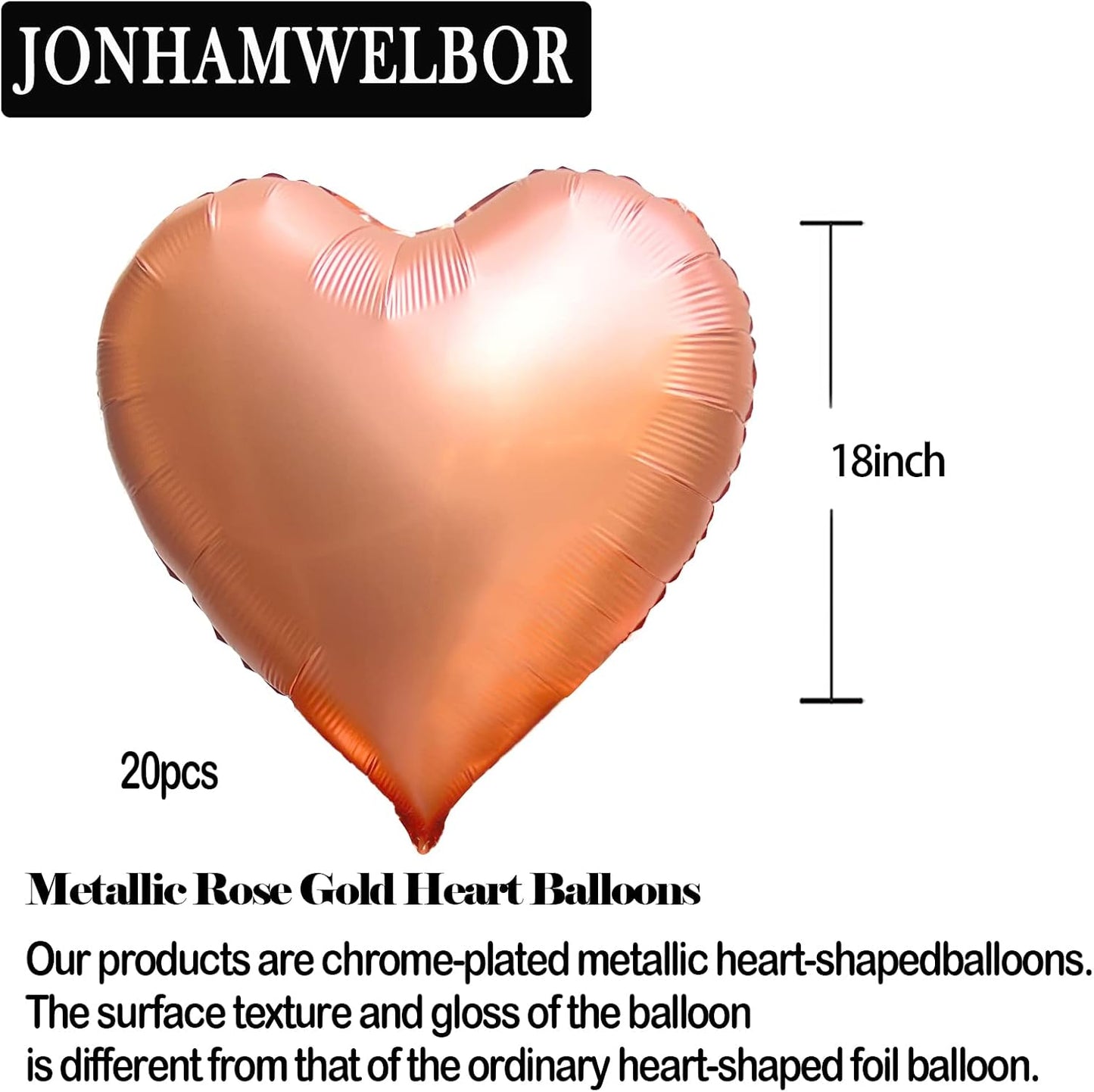 Jonhamwelbor 20Pcs 18 inch Metallic Rose Gold Foil Mylar Heart Shape Balloons Decorations Valentines Birthday Wedding Baby Shower Party (Metallic Rose Gold)
