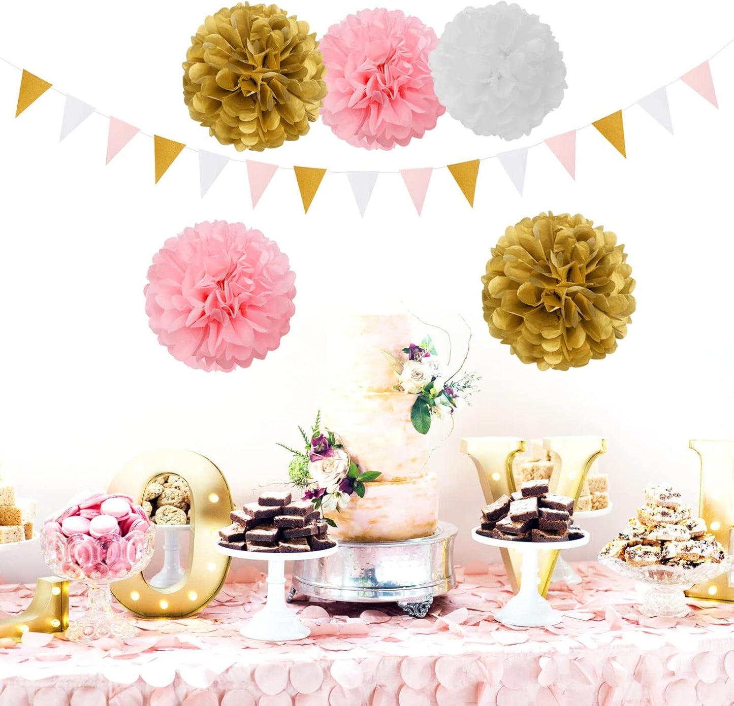 Pink-White Gold Girl Birthday Party-Decorations - 23pcs Kits Tissue Paper Pom Poms Streamers,Princess Banner Flags,Bachelorette Baby Bridal Shower Engagement Decoration Tassel Garland Lasting Surprise