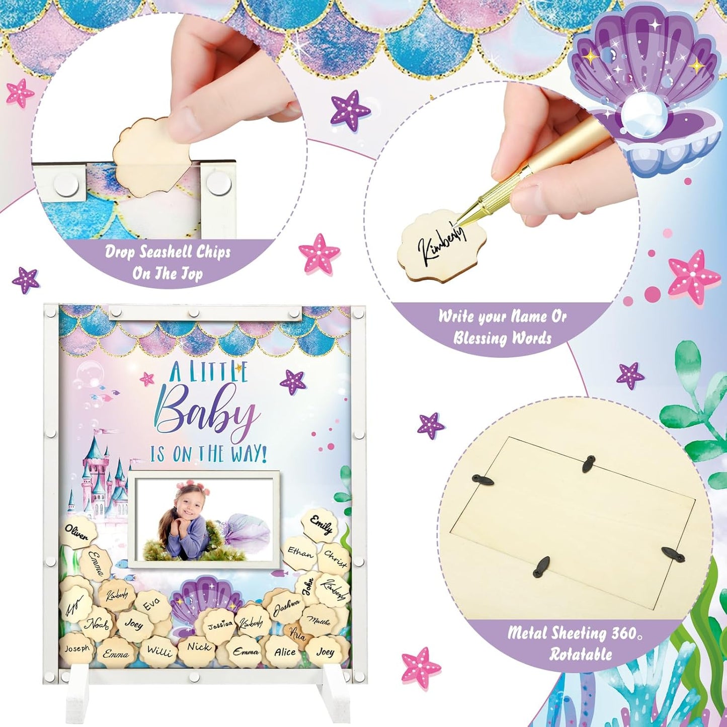 65 Pcs Mermaid Baby Shower Guest Book Alternatives He or She Gender Reveal Baby Shower Decorations Sign in Guest Book with Picture Frame and 60 Wooden Chip Under The Sea Party Favors