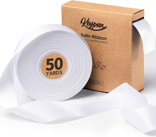 White Satin Ribbon 1-1/2 Inch x 50 Yards Double-Faced Hair Ribbons for Flower Bouquet Wrapping Paper Bows Gift Wedding Invitations Crafts