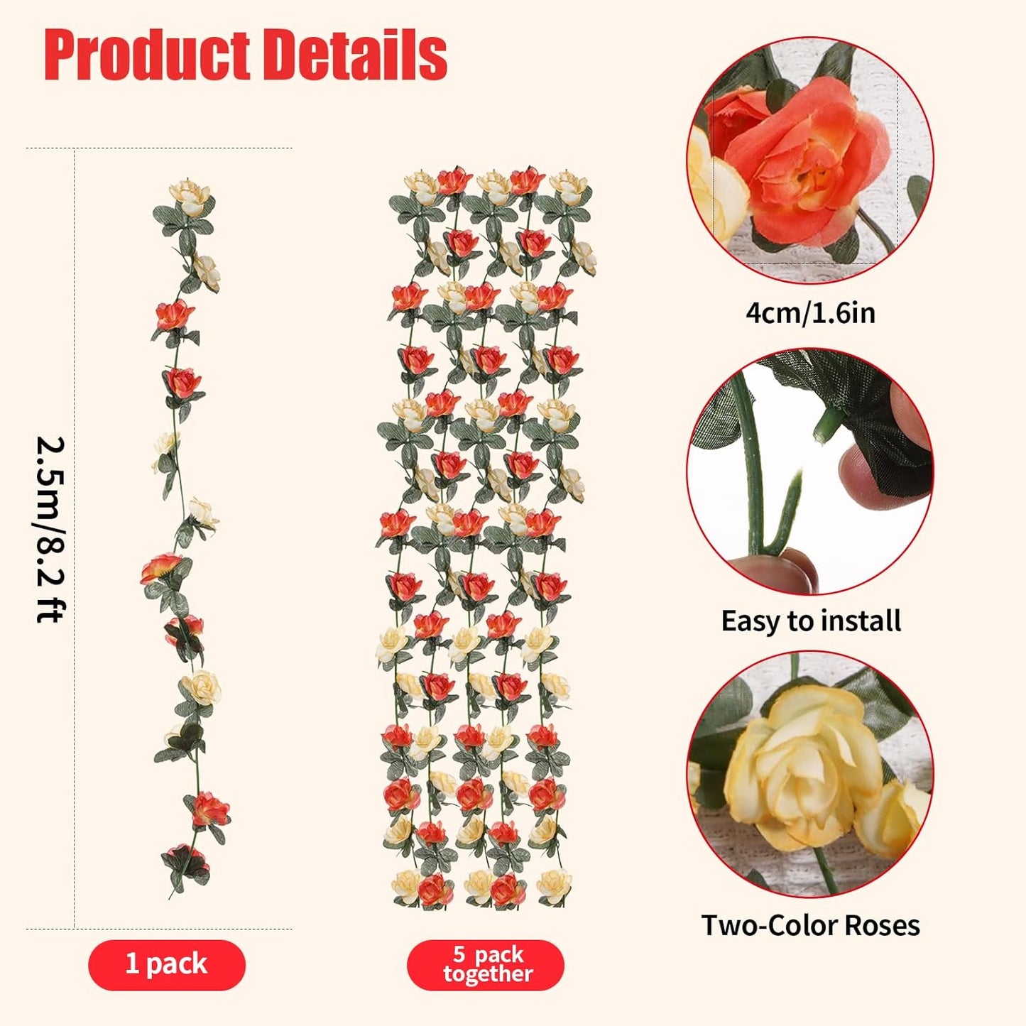 5 Pcs 41FT Flower Garland, Artificial Rose Garland Flowers Plants Fake Flower Hanging Rose Ivy, Birthday Party Valentine's Day Wedding Wall Arch Decor（Orange）