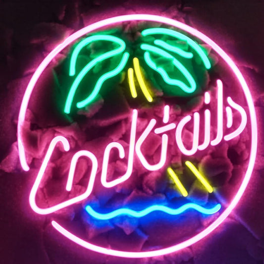 Cocktails Palm Tree Real Glass Neon Light Sign Home Beer Bar Pub Recreation Room Game Room Windows Garage Wall Store Sign (17"x14" Large)