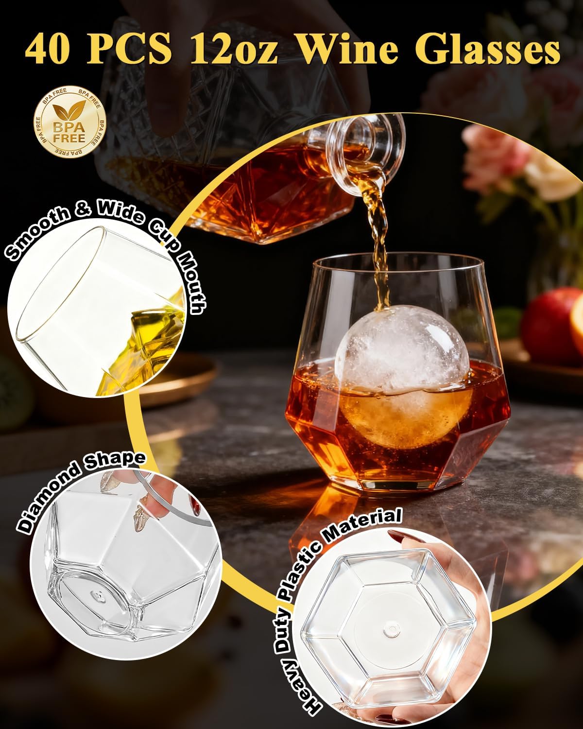 40 PCS Clear 12 Oz Plastic Wine Whiskey Glasses, Diamond Stemless Unbreakable Disposable Wine Glasses for Parties, Ideal for Weddings, Christmas, Halloween,Holidays,pool party,Daily Use