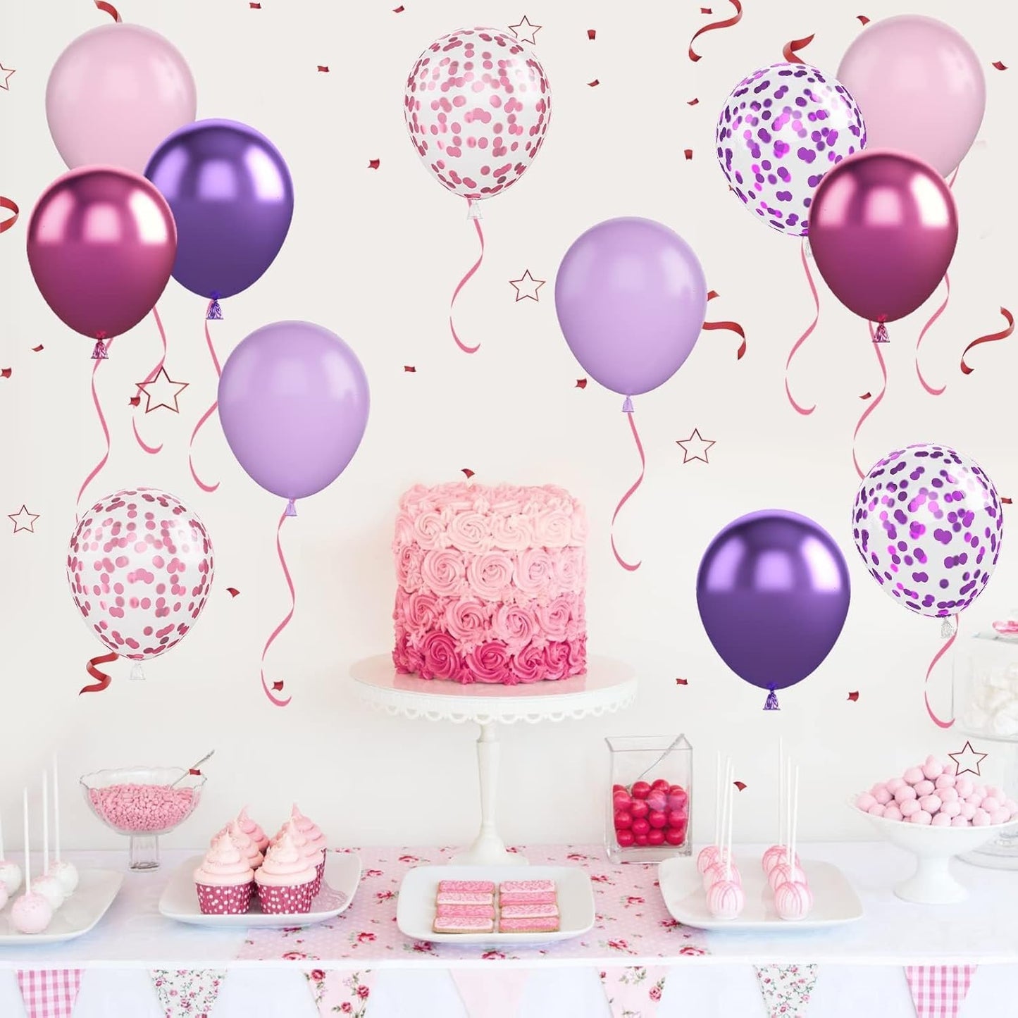 Pink and Purple Balloons, 50PCS 12 Inch Confetti Balloons, Metallic Purple Pink Latex Balloons with Ribbon, Party Balloons for Birthday Shower Wedding Party Decorations