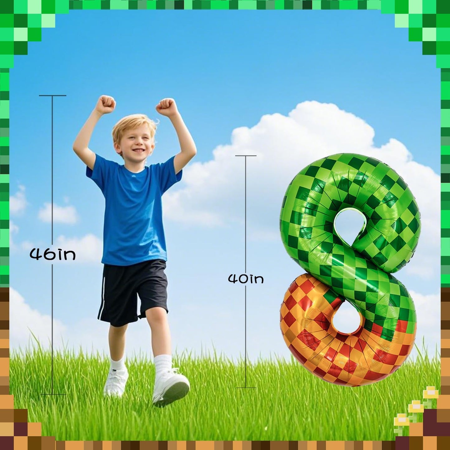 Pixel & TNT Theme 40in Giant Number Balloons - Foil Mylar Birthday Party Decorations for Kids Adults Cumpleaños, Block Style Pixel Art Shape Balloon Decor Supplies (Pixel, Number 8)