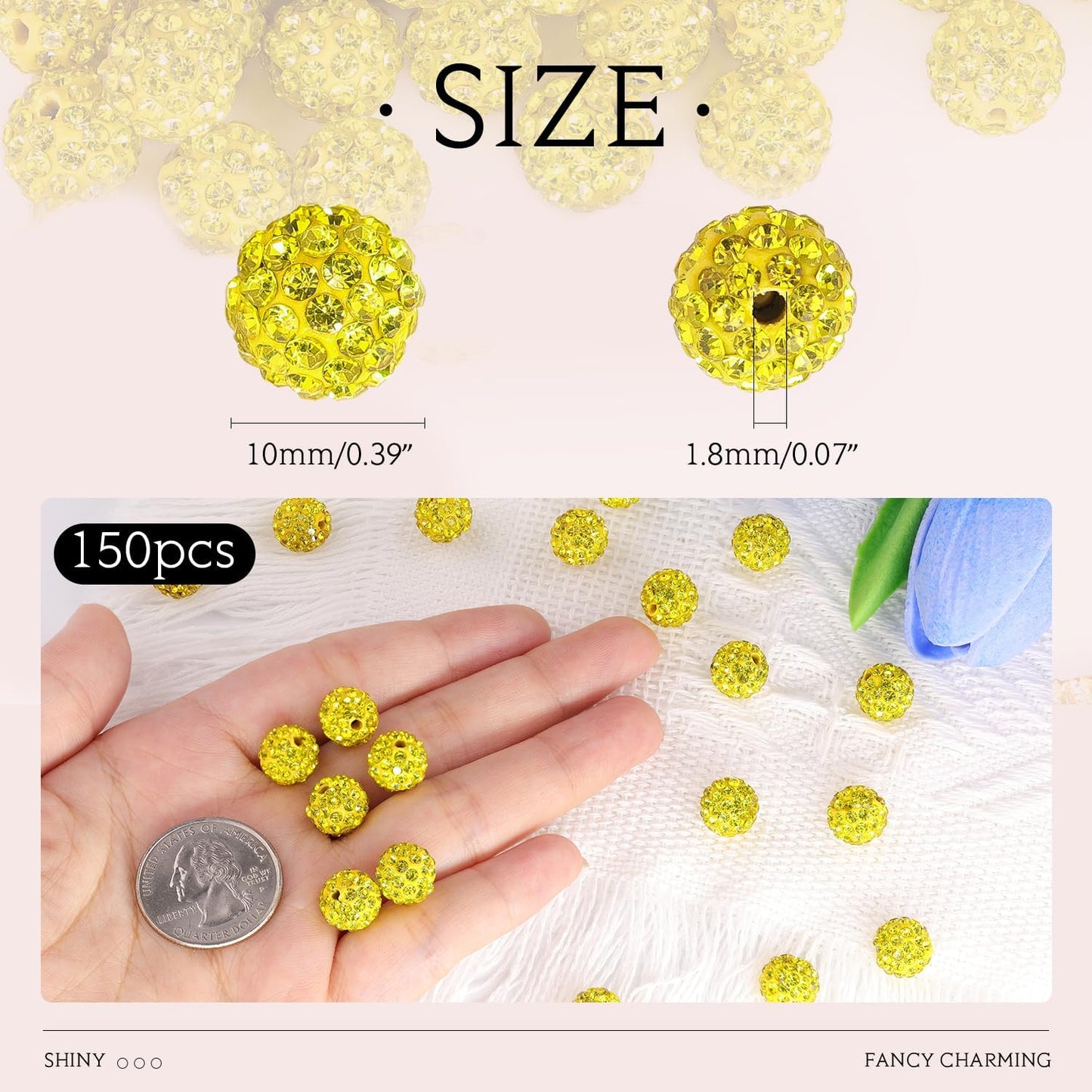 150 pcs 10mm Rhinestone Beads for Jewelry Making, Yellow Shiny Round Shamballa Disco Beads Bulk, Sparkle Crystal Clay Christmas for Bracelet Baseball Necklace Earring Crafting and DIY