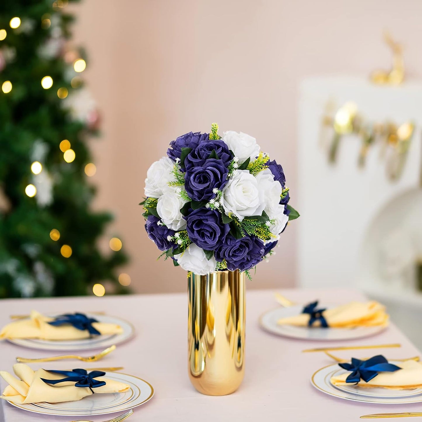 BLOSMON Navy Blue Rose Flowers: 2 Pcs Fake Floral Balls Centerpiece for Wedding Table Centerpieces - Artificial Silk Kissing Bouquet Flower Arrangement for Home Party Event Decor