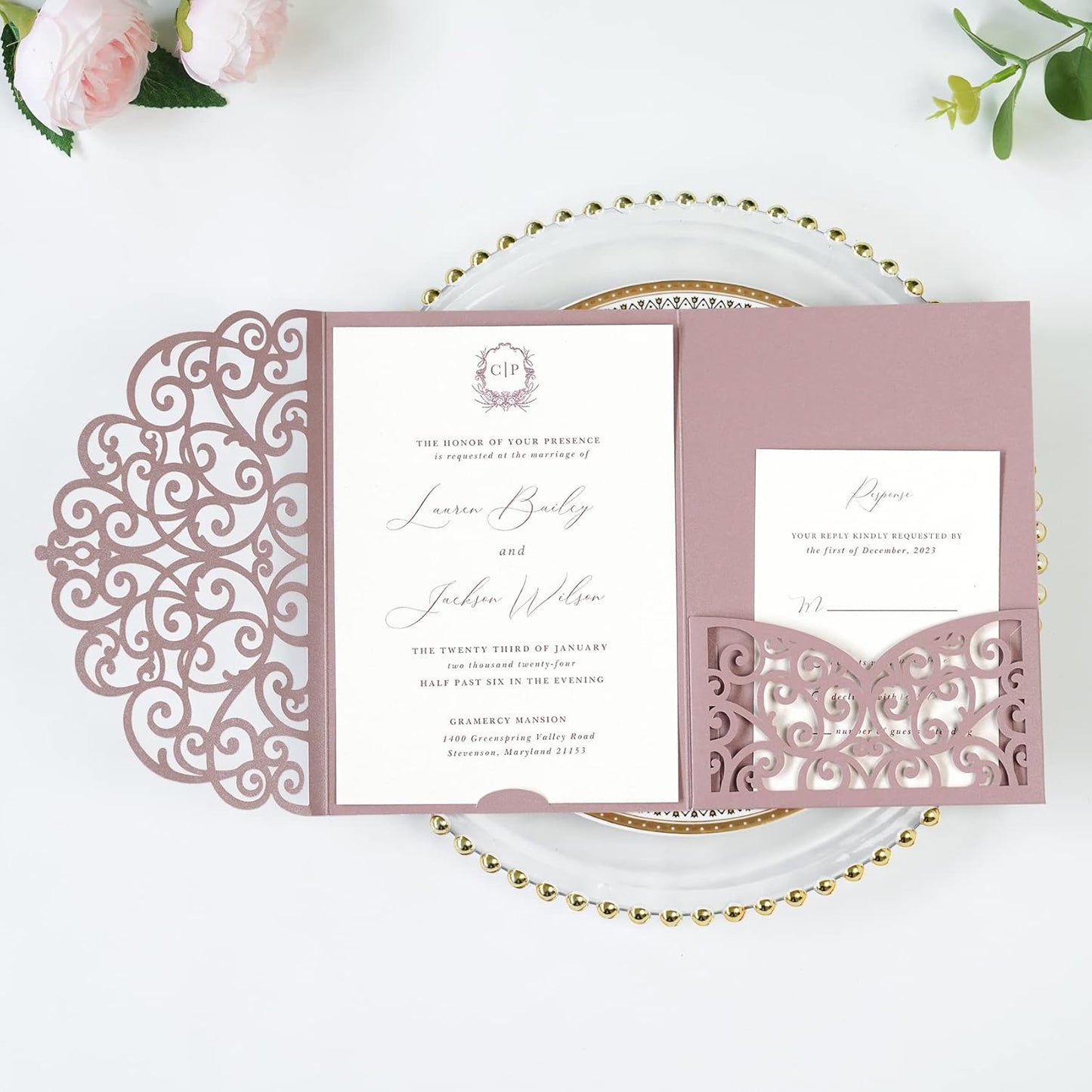 PONATIA 5.12 x 7.2 Dusty Rose Laser Cut Wedding Invitations, 5x7 Trifold Laser Cut Invitation Pockets with Envelopes for Wedding Bridal Shower Engagement Quinceanera Invitations (20PCS No Inner Sheet)