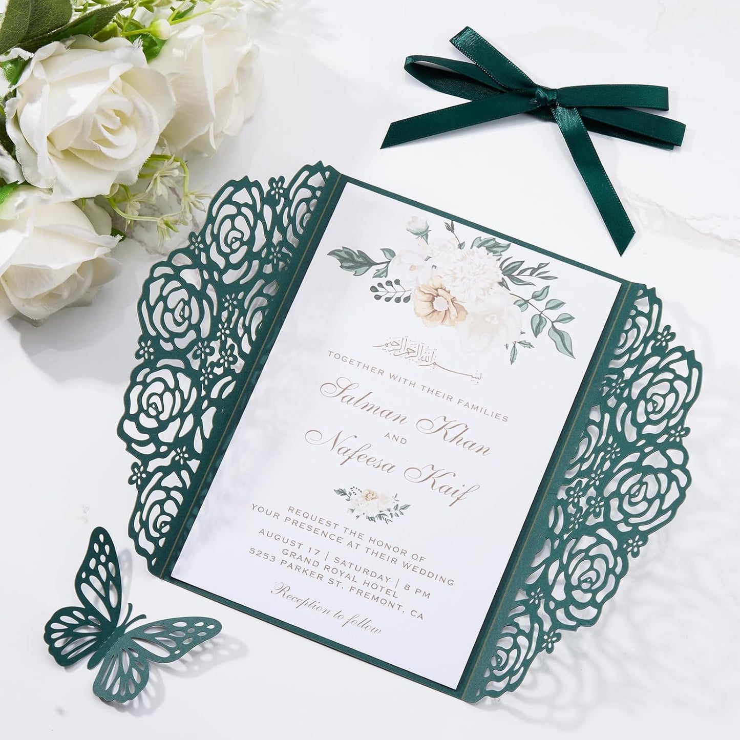 Emerald Green Wedding Invitations with Envelopes and Rsvp Cards, Blank Inner Cards, Ribbons, for Wedding Baby Shower Quinceañera Party Invitations 50 Sets