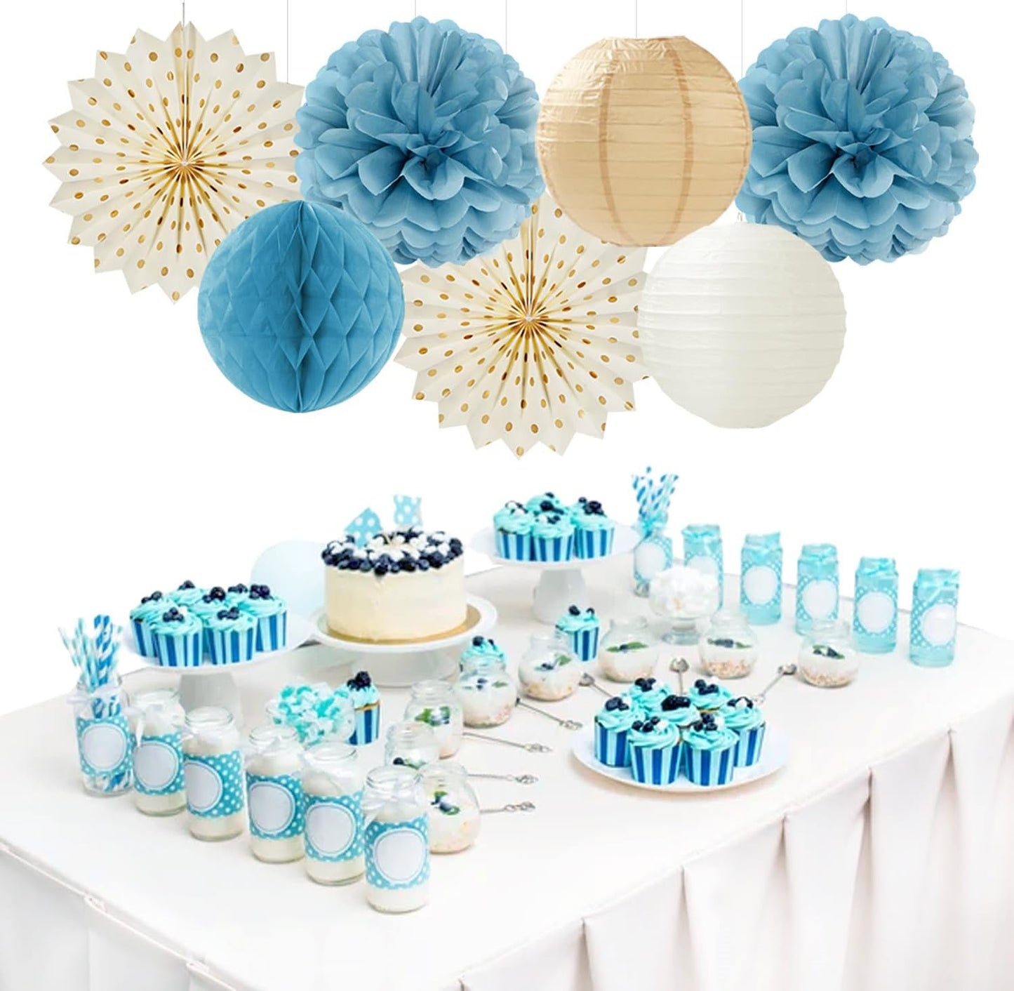 Light-Dusty Blue Beige-Champagne Boho Party-Decorations - 14Pcs Baby Bridal Shower Streamers Lanterns Honeycomb Fan,Tissue Pom Poms,Women Girls Birthday Bachelorette Wedding Backdrop Decor Ouruola