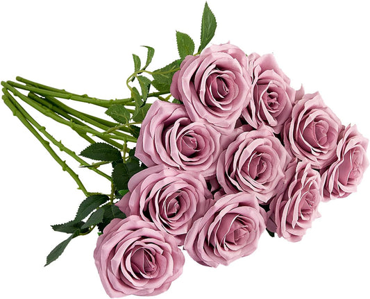 Artificial Rose 10pcs Open Flower Bouquet Faux Rose Stems for Wedding Arrangement, Bridal Bouquet, Centerpiece, Fake Faux Silk Flowers (Mauve)
