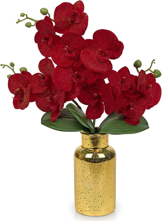 Red Orchids Artificial Flowers Faux Orchid Arrangement with Gold Glass Vase Real Touch Velvet Phalaenopsis Orchid Flowers Orchids Centerpiece for Dining Room Table