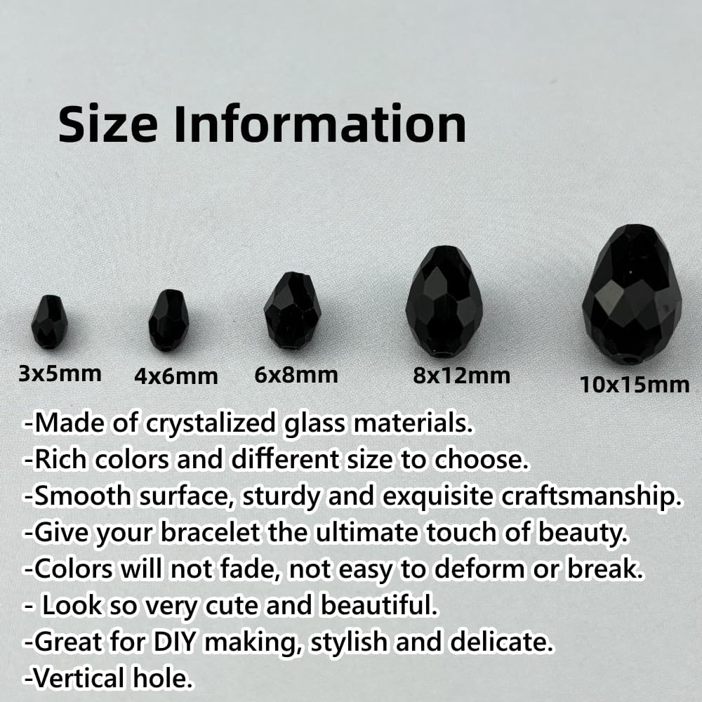 100pcs 8x12mm Teardrop Crystal Glass Beads for Jewelry Making, Faceted Vertical Hole Teardrop Glass Spacer Beads for Wind Chimes Bracelet Earring Necklace DIY Craft(Black)