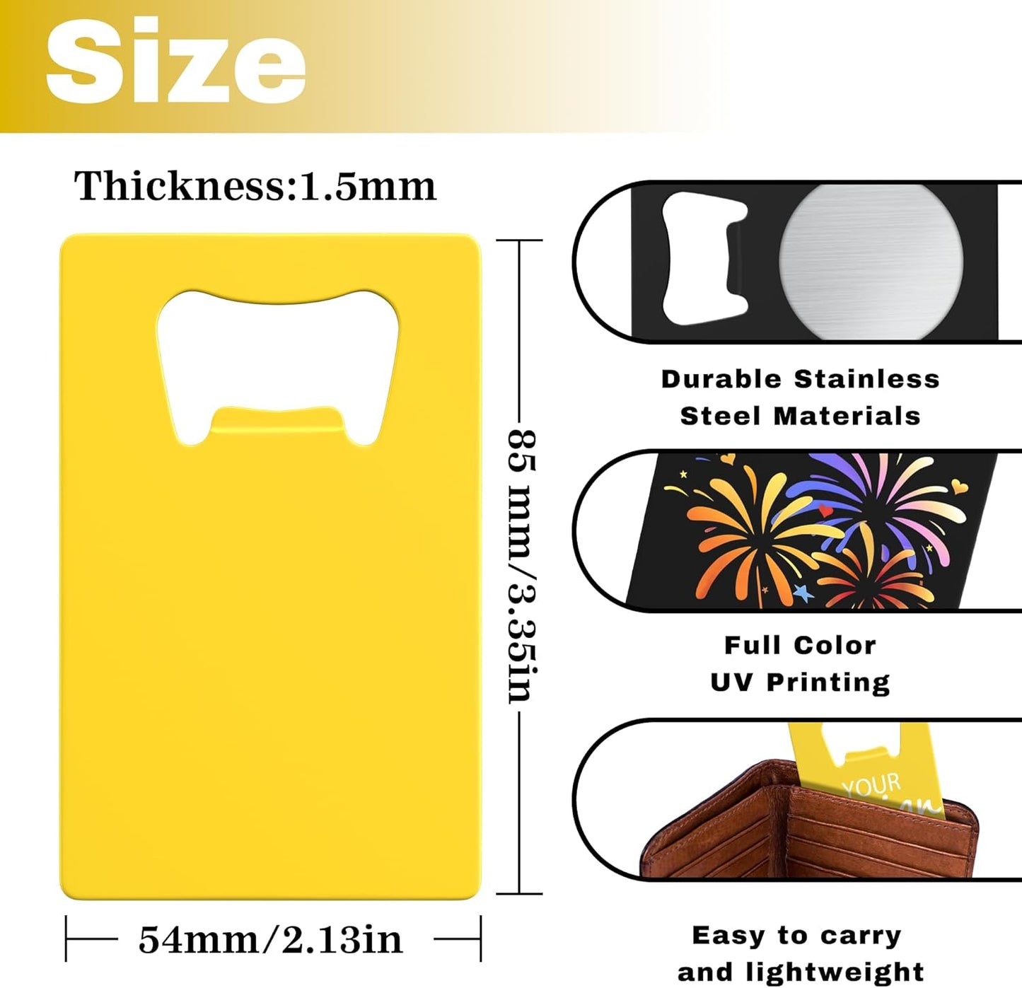 4-100 Pcs Personalized Bottle Opener, Custom Stainless Steel Credit Card Bottle Opener, Full Color Print for 6 Color, Design Your Text Logo for Bar, Wedding, Anniversaries, Party (Yellow)