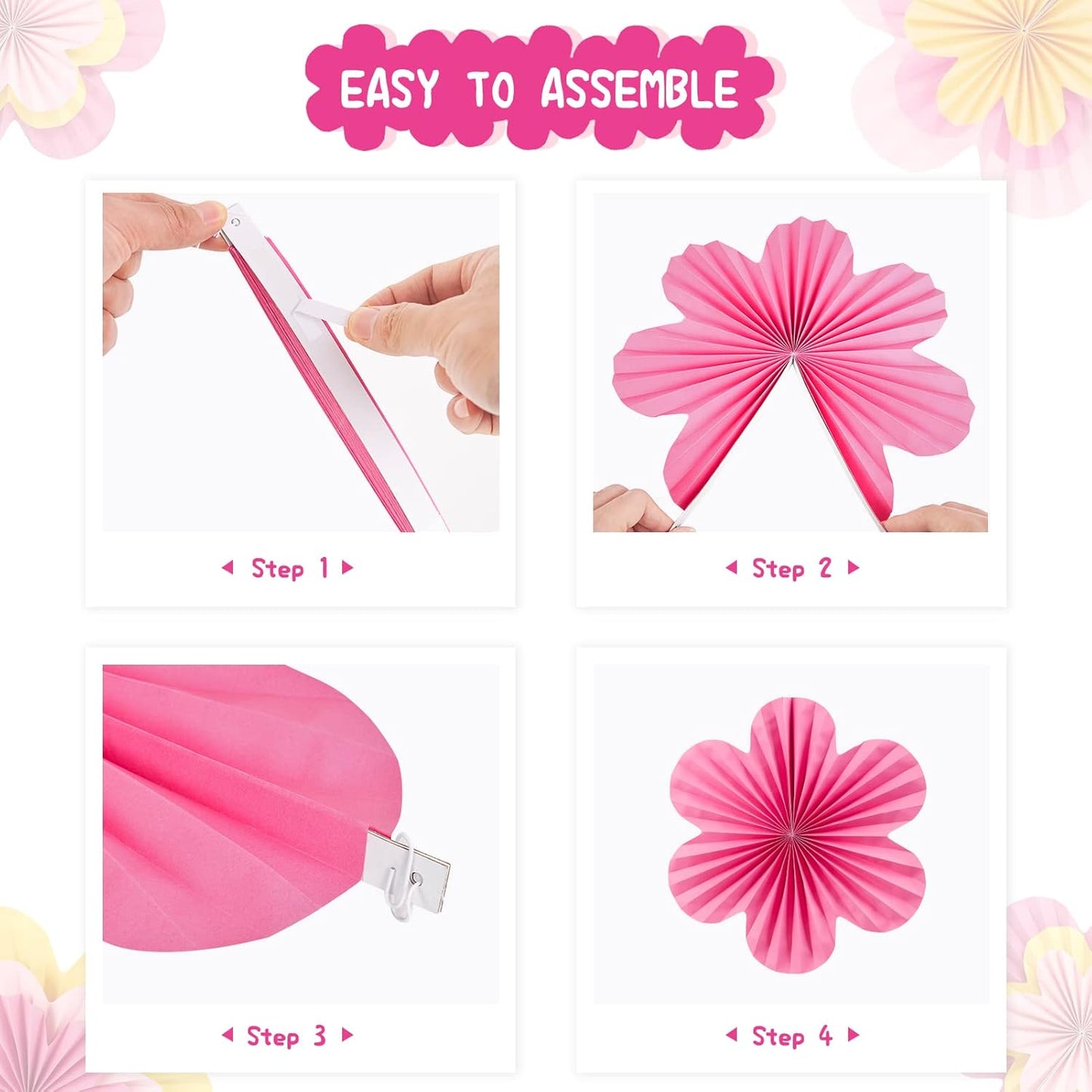 Easy Joy Paper Flowers Decorations for Wall Paper Fans Classroom Decoration Paper Floral Backdrop Decor Paper Fans Decoration Hanging Paper Fans Pink Flower Wall Decor, Set of 9