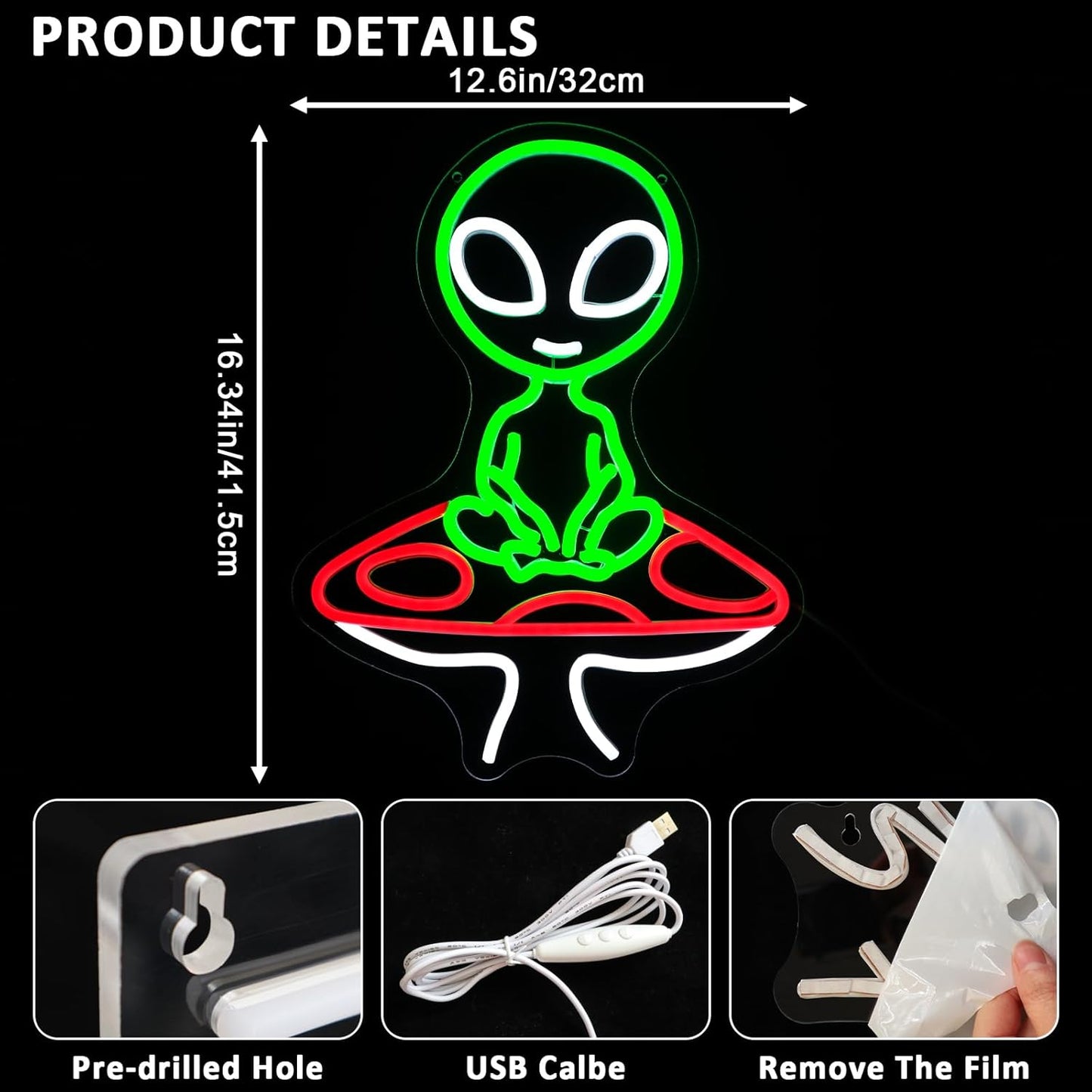 Mushroom Alien Neon Sign for Wall Decor, USB Dimmable Green Alien Neon Lights for Bedroom, Home, Game Room, Party, Beer Bar, Hip Hop Pub, Man Cave, Yoga Gifts