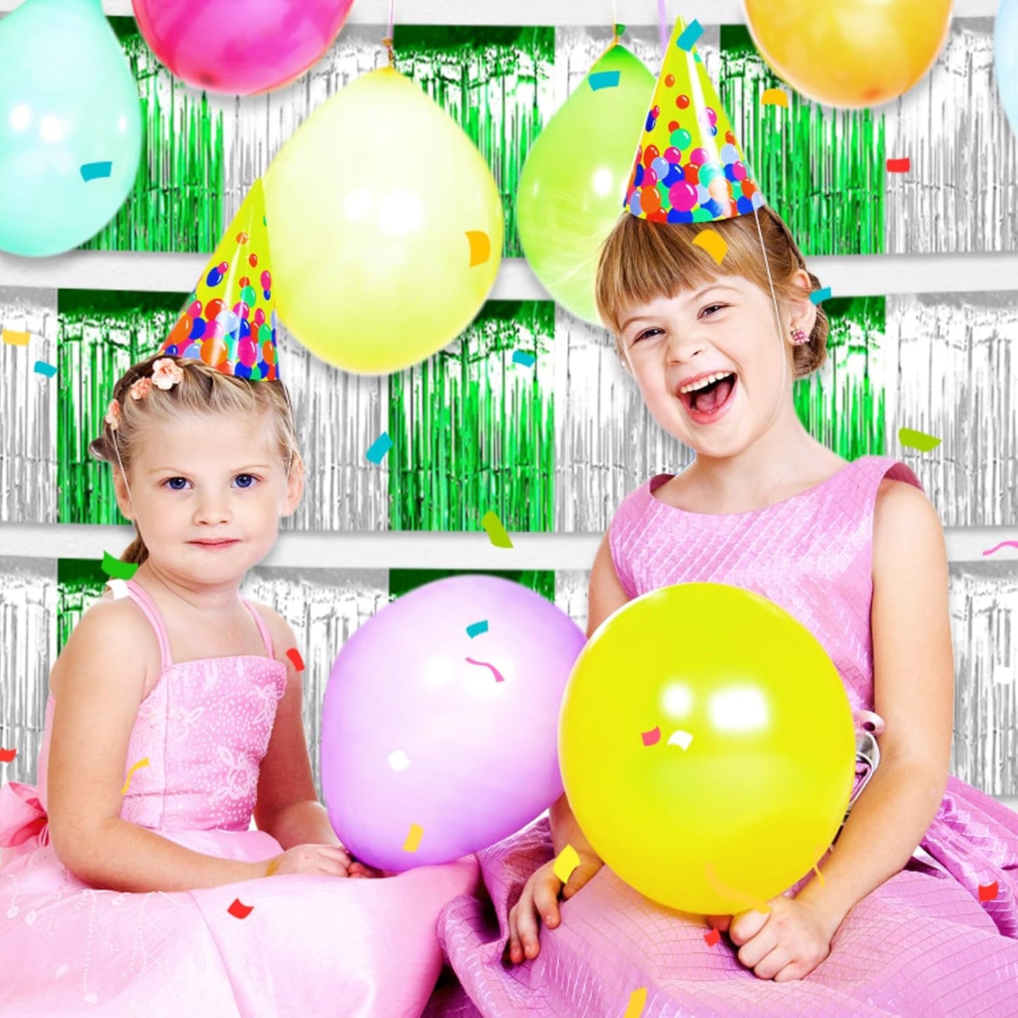 4 Pack 10 Feet Silver Green Foil Fringe Garland Metallic Tinsel Streamers Banner Wall Hanging Curtain Backdrop for Parade Floats, Wedding, Graduate, Mother's Day, Birthday Party Decoration