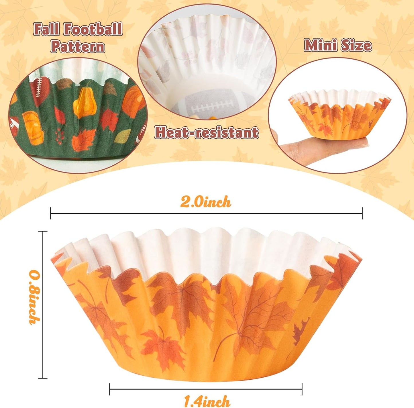 COcnny Fall Mini Cupcake Liners - 600pcs Autumn Football Muffin Paper Cupcakes Baking Cups Wrappers, Pumpkin Maple Leaf Case Cake Wrap Making Supplies for Fall Thanksgiving Halloween Party (10 Styles)