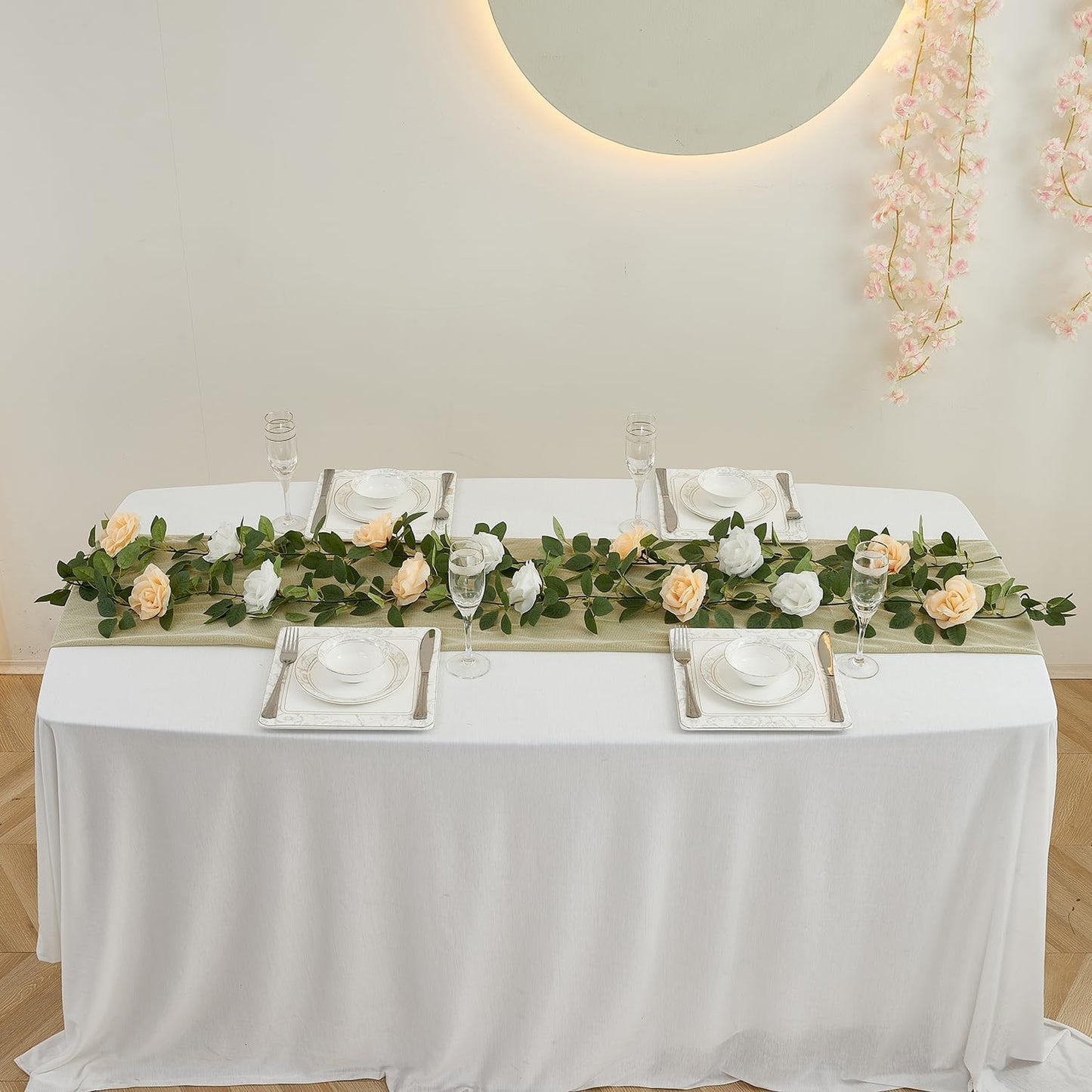 Artificial Rose Garlands Rose Vines Leaves Banners Hanging Floral Garland Fake Rose Flower Vine Wall Decorations, Champagne