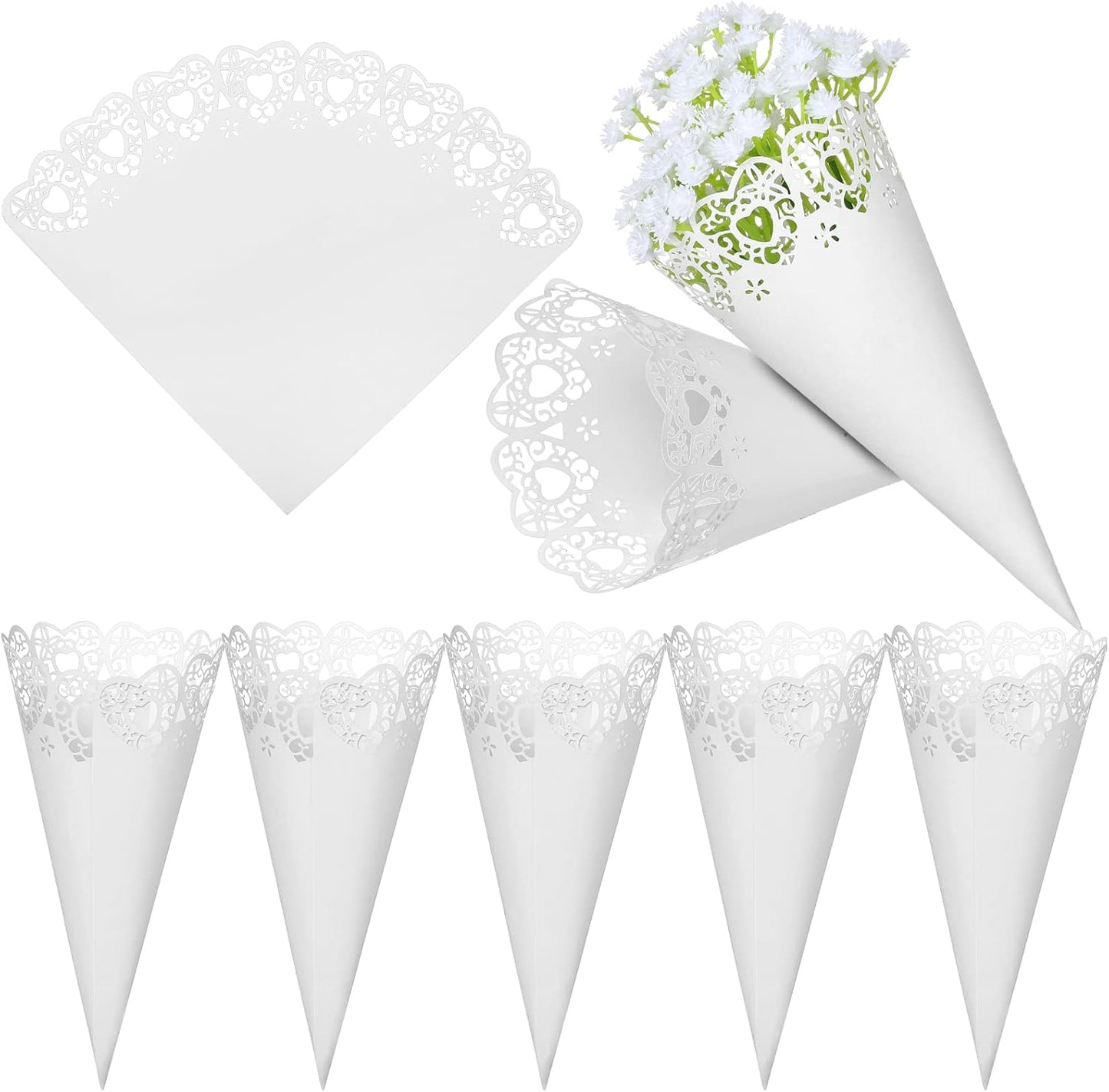GWHOLE 100 Pcs Wedding Confetti Cones, Heart Paper Petal Cone for Wedding Party, White