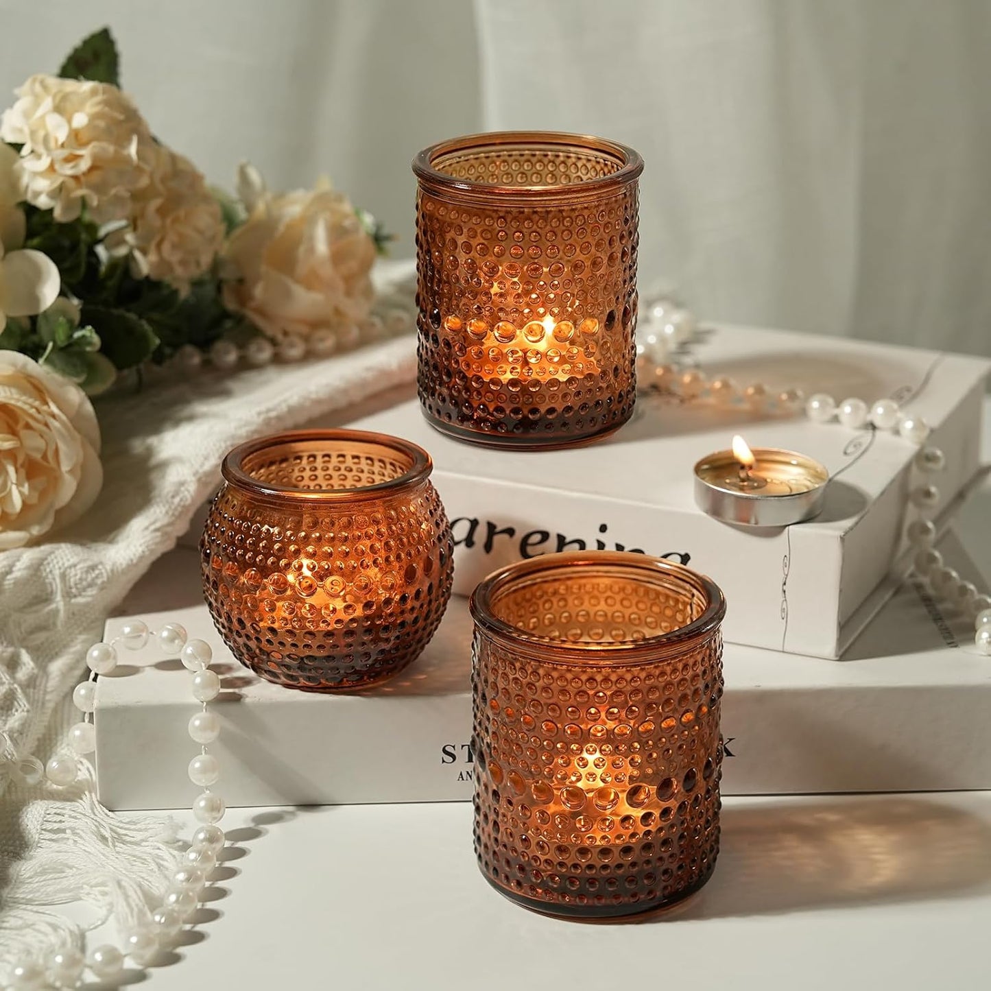 36pcs Amber Votive Candle Holders, Glass Small Tea Lights Candle Holders for Table Centerpiece for Home Decor Party Fall Boho Decor (Amber)