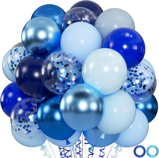 100pcs Blue Balloons - 12inch Metallic Royal Navy & Pearl Blue Balloons with Confetti for Birthday Baby Shower Graduation Party Decorations (with 66ft Ribbons)