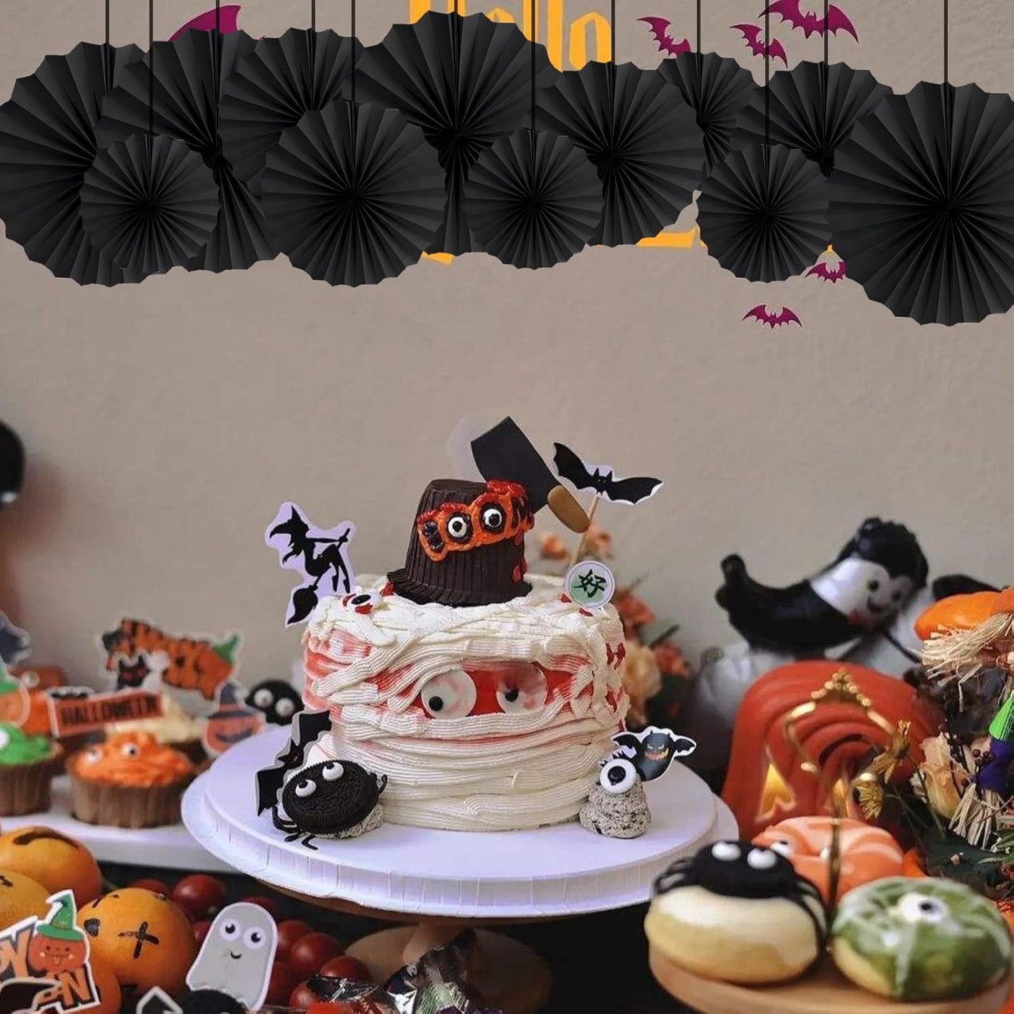 HQZ Black Party Hanging Fans DIY Set - 12pcs Set Pinwheels Fan DIY Paper Craft for Wedding, Birthday, Christmas Party Decoration