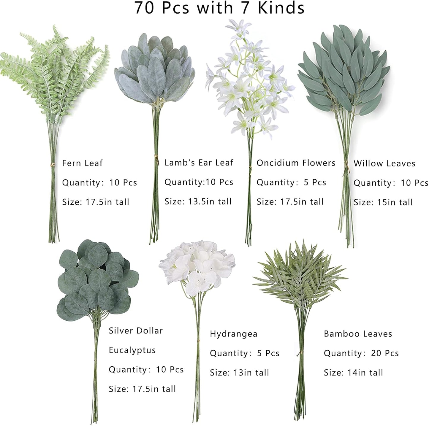 FOTEEWL 70 Pcs Artificial Greenery Stems Box Set,with 7 Kinds of Faux Plants and Fake Flowers for DIY Bridal Bouquets Wedding Floral Arrangement Table Centerpieces Decoration (Sage Green & Beige)