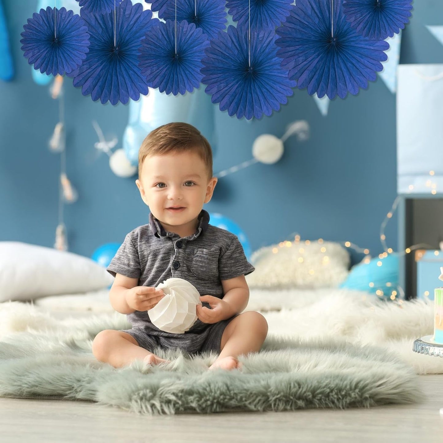 20 Pcs Navy Blue Hanging Paper Fan, Hanging Honeycomb Round Paper Fans for Weddings, Birthdays, Easter, Baby Showers, Classroom, Events Ceiling Party Supplies Decorations