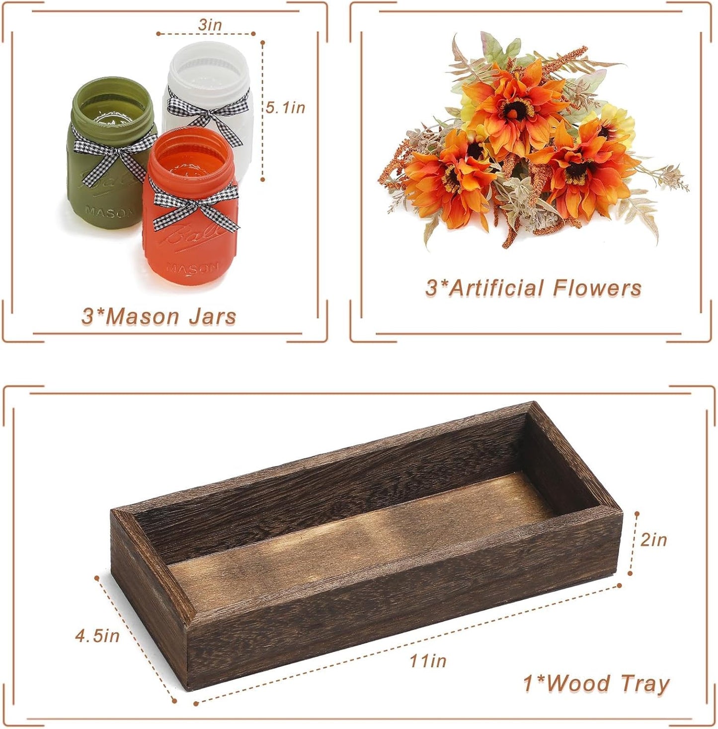 Thanksgiving Fall Mason Jar Centerpiece for Table with Artificial Flowers, Set of 3 Mason Jars Farmhouse Decor Decorative Jars for Thanksgiving Home Decor, Thanksgiving Dinner Table Centerpiece